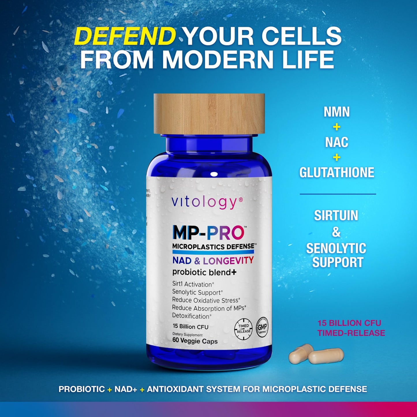 Vitology MP-PRO Microplastics Defense | 15 Billion CFU Probiotic + Antioxidant Blend | NMN, NAC, Glutathione, Resveratrol & Charcoal | Supports Cellular Detox, Longevity & Gut Health – 60 Capsules Vitology buy supplements Au