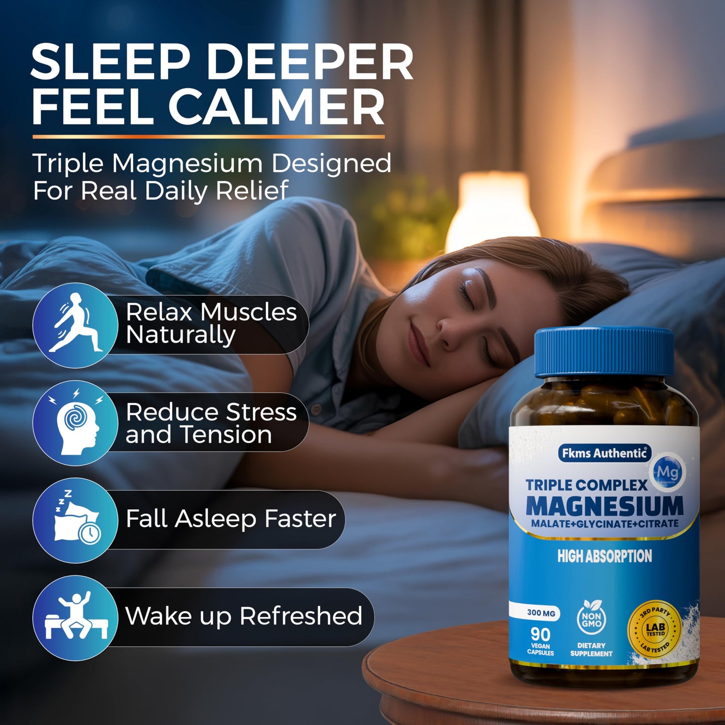 FKMS Authentic Triple Magnesium Complex | 300mg Magnesium Glycinate, Malate & Citrate for Sleep, Stress & Muscle Support | Non-GMO, Vegan, Gentle on Stomach | High Absorption | 90 Capsules FKMS AUTHENTIC buy supplements Au