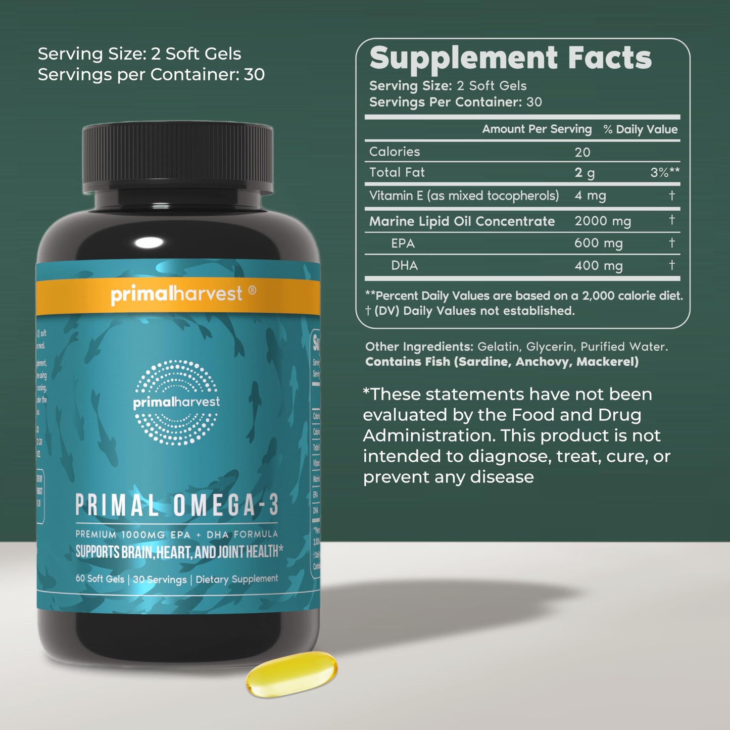 Primal Harvest Omega 3 Fish Oil Supplements, 30 Servings Soft Gels Capsules w/ 1000mg EPA + DHA Supplements, No Fishy Burps Non-GMO Omega 3 Fatty Acid Primal HarvestBuy Supplements Australia