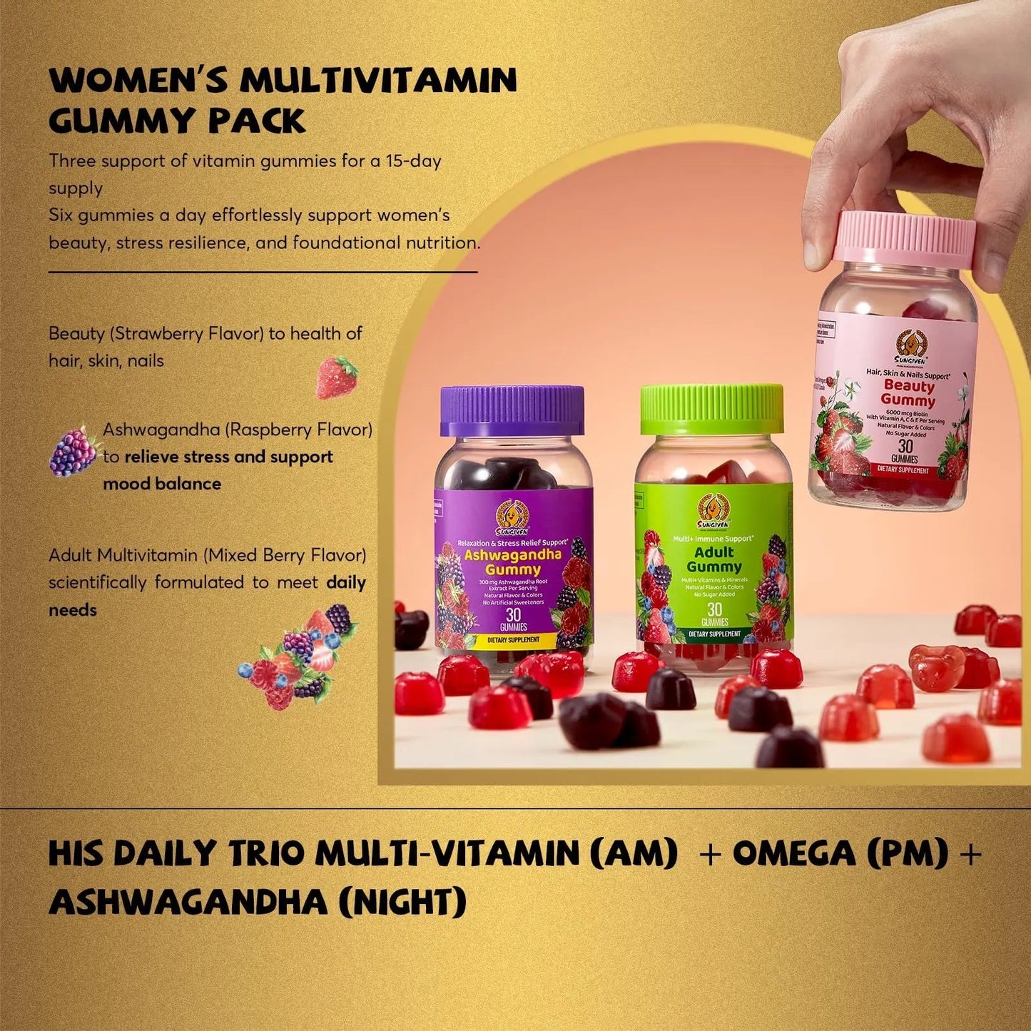 Women's Multivitamin Gummy Pack, 3 Support for Hair Skin Nails Sleep Daily Health, Vitamins A, D, C, E, Biotin, Ashwagandha SUNGIVEN