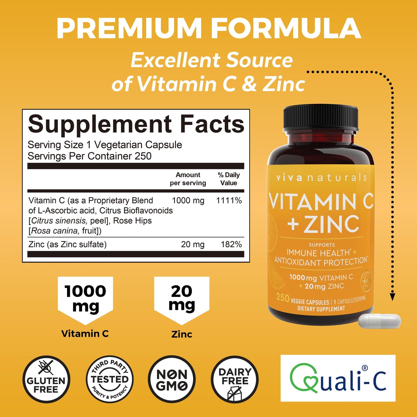 Viva Naturals Vitamin C and Zinc Supplement (250 Capsules) - 1000 mg Vitamin C with Zinc 20 mg Antioxidant Supplements for Immune Support, Vitamin Supplement for Adults Viva NaturalsBuy Supplements Australia