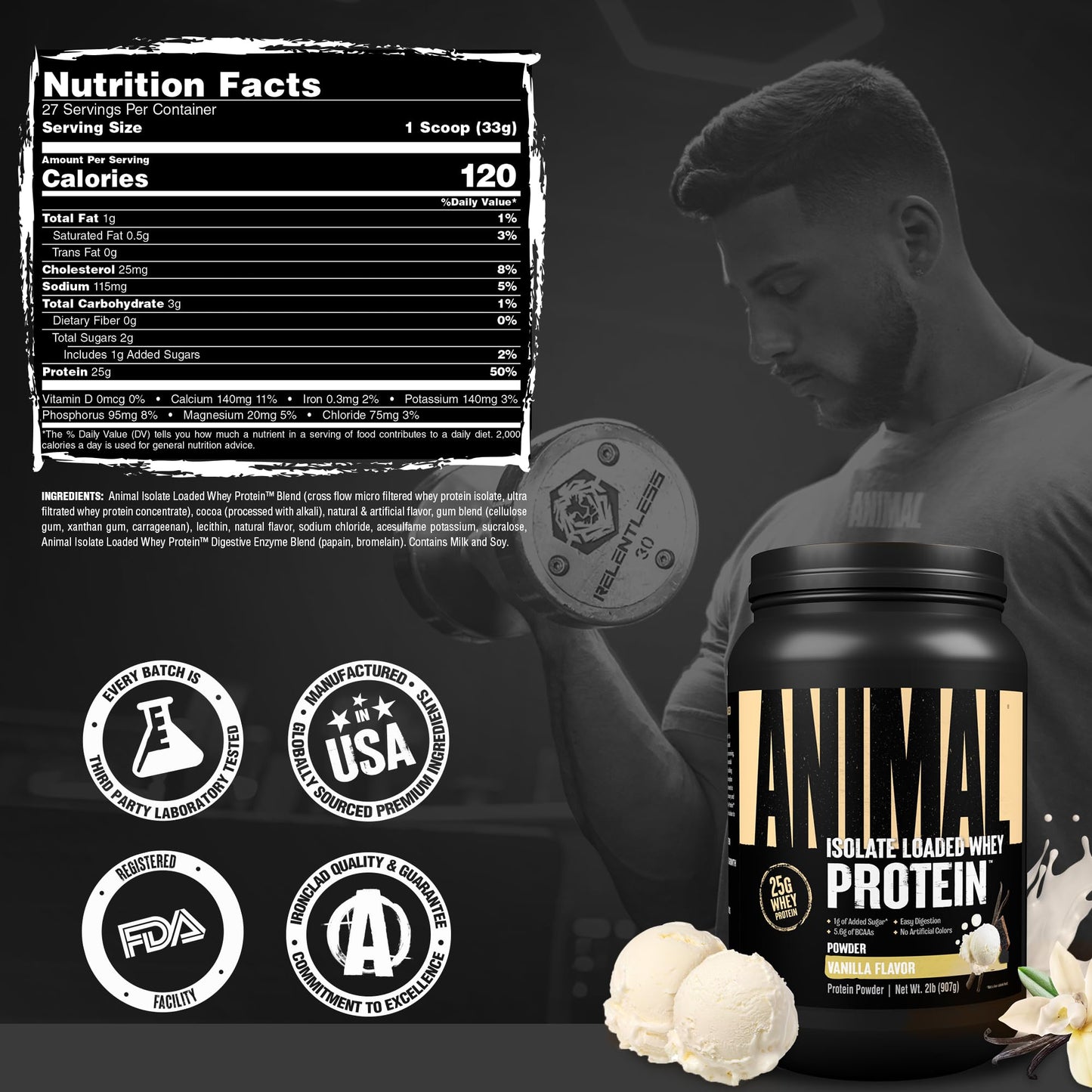 Animal Whey Isolate Protein Powder - Loaded for Pre & Post Workout Muscle Builder and Recovery with Digestive Enzymes for Men & Women - 25g Protein, Great Taste, Low Sugar - Vanilla 2 lbs