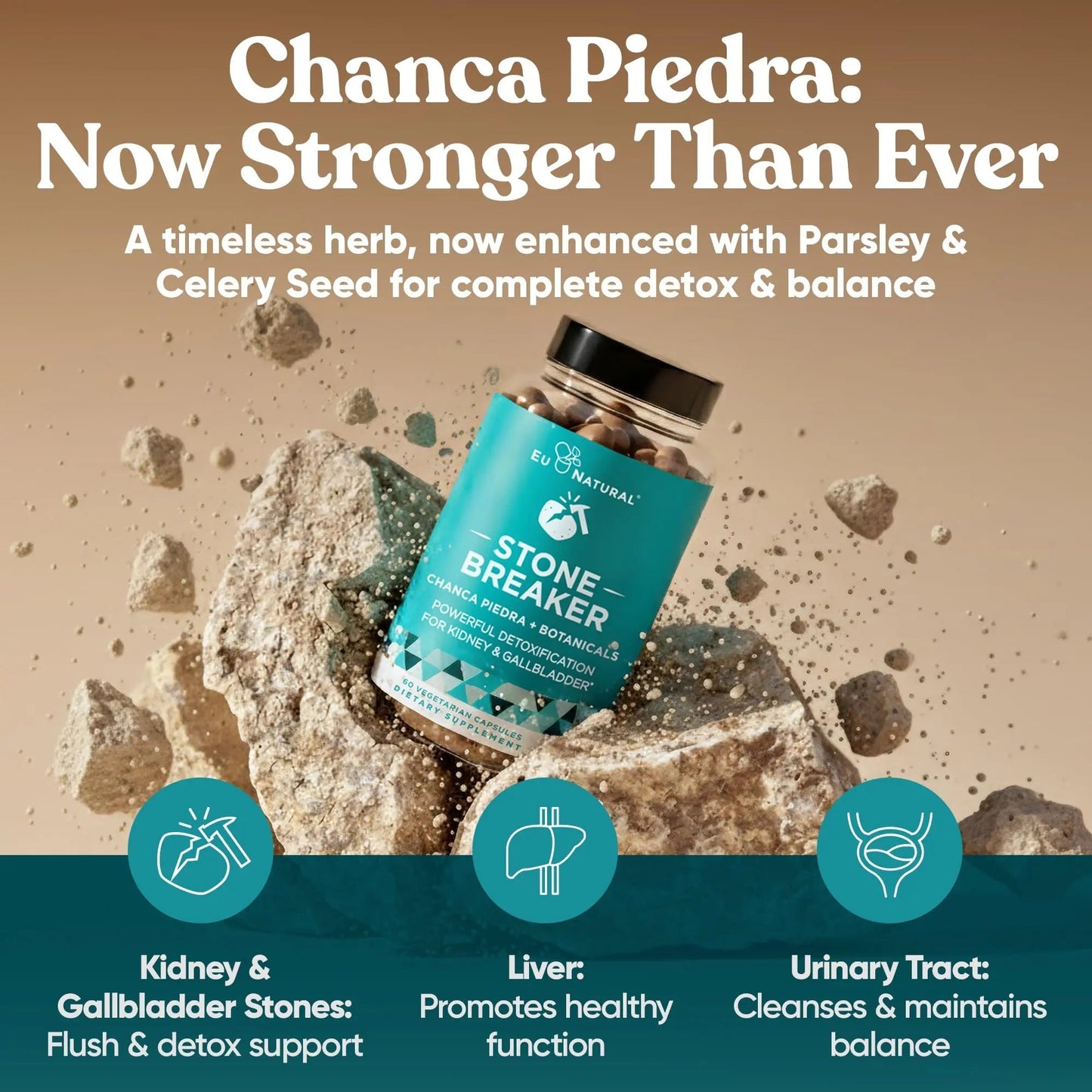 Chanca Piedra Stone Breaker - The Original Stone Breaking Formula with Celery Seed & Parsley - Supports Kidney, Gallbladder & Urinary Tract Cleansing to Help Flush Impurities - 60 Vegetarian Capsules Eu NaturalBuy Supplements Australia