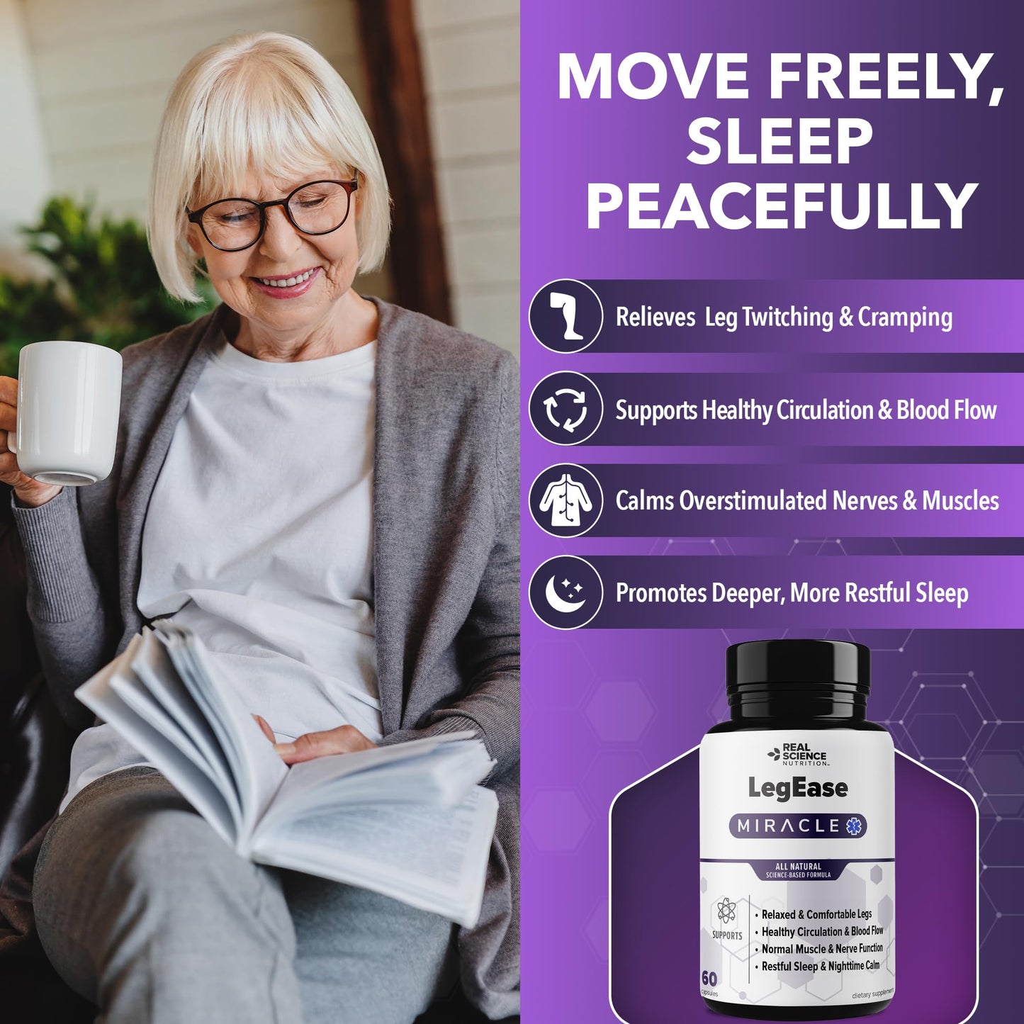 Real Science LegEase Miracle – All Natural Restless Legs Syndrome Relief & Leg Cramp Supplement with Vitamins C, D, K, B6, B12 + Nitric Oxide Support – Sleep & Circulation Aid – Made in USA, 60 Caps Real Science NutritionBuy Supplements Australia