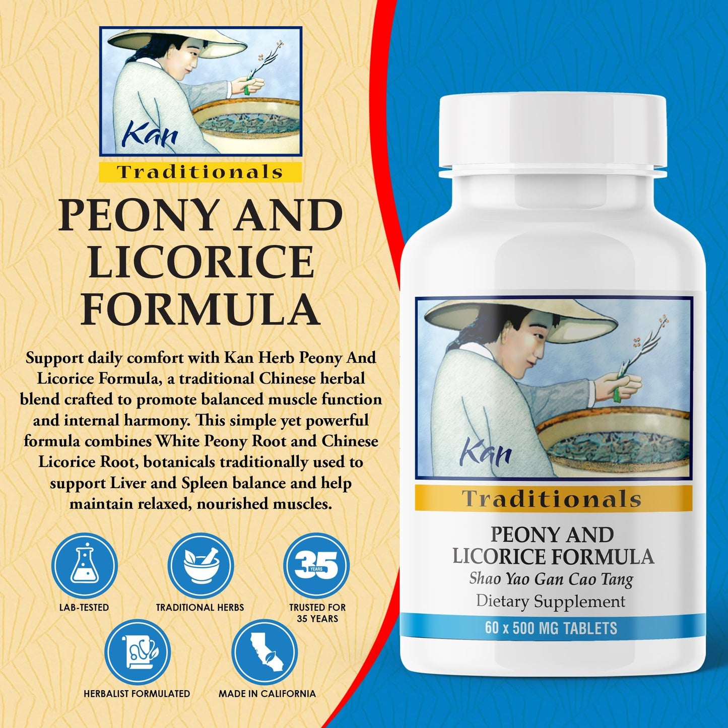 Kan Herbs Company Peony & Licorice Formula Tablets – Traditional Chinese Herbal Blend with White Peony Root & Chinese Licorice to Support Liver Balance, Muscle Comfort & Digestive Harmony, 60 Tablets Kan HerbBuy Supplements Australia