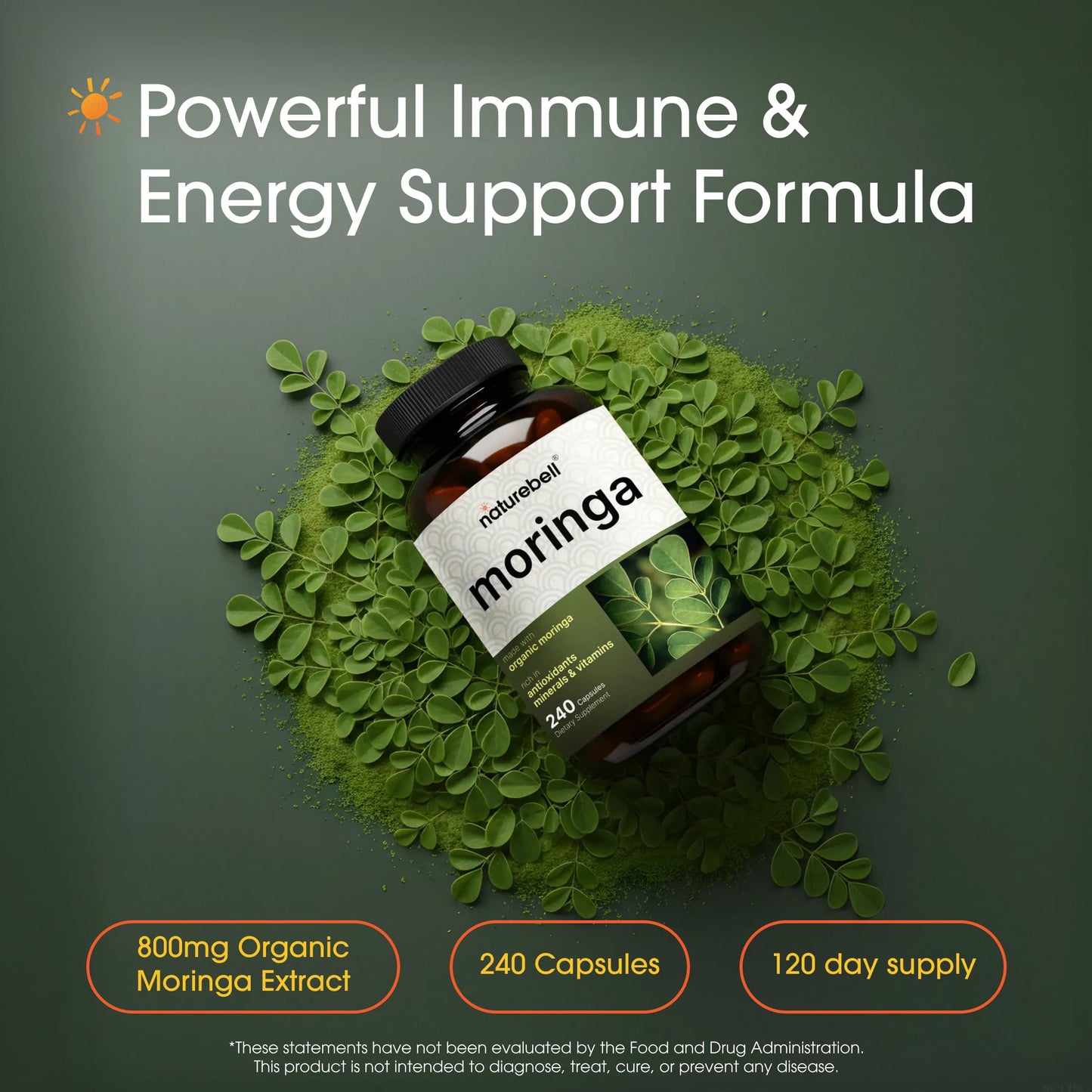 NatureBell Moringa - 240 Capsules - Organic Moringa for Immune, Energy & Skin Health Support - Green Superfood Properties