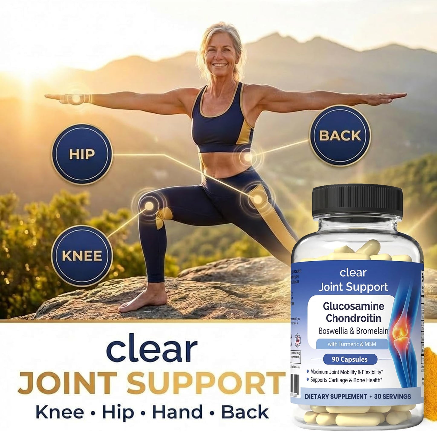 Clear Joint Support - 3-Month Supply | 3-Pack (270 Capsules) | Glucosamine Chondroitin MSM, Turmeric & Boswellia | Supports Knee, Hip & Back Health | Made in USA Clear ProbioticsBuy Supplements Australia