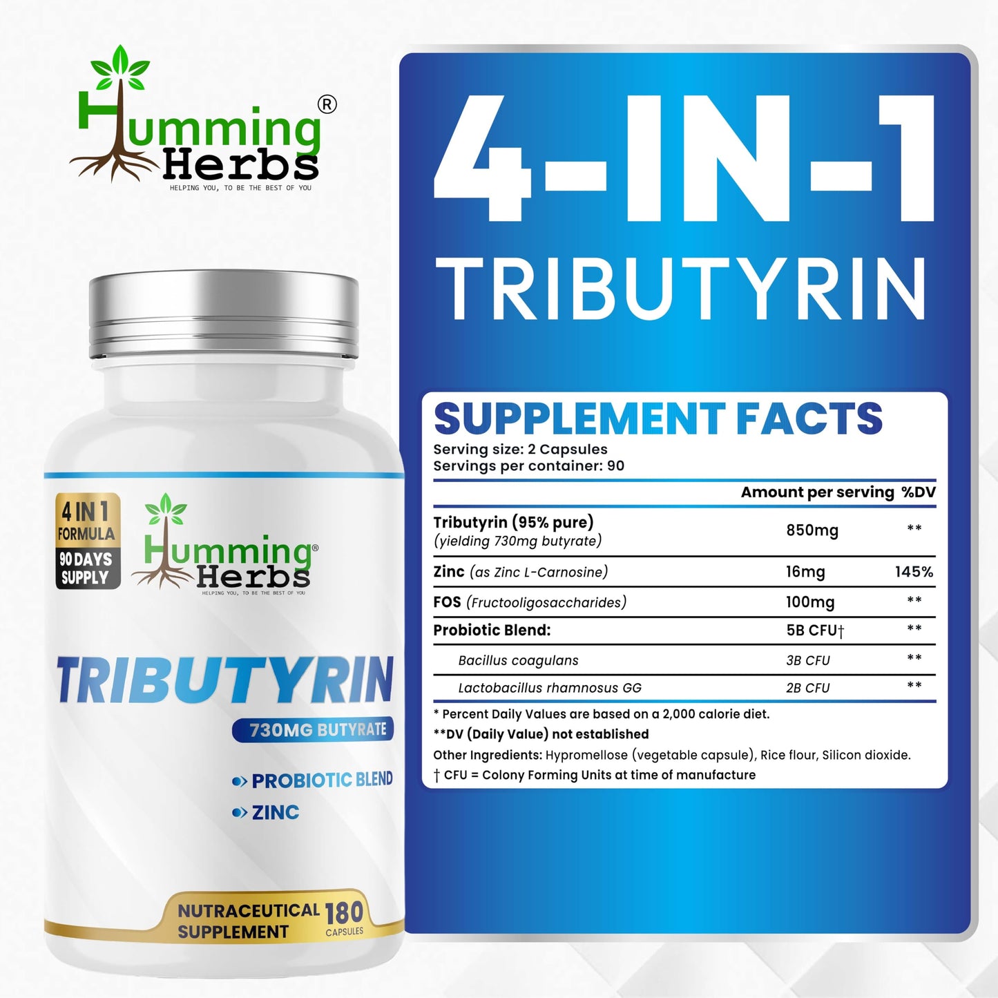 Humming Herbs Tributyrin Complex — 850 mg per Serving (95% Pure, yielding 731 mg Butyrate) with L-Glutamine, Zinc L-Carnosine, FOS & Probiotic Blend (180) Humming HerbsBuy Supplements Australia
