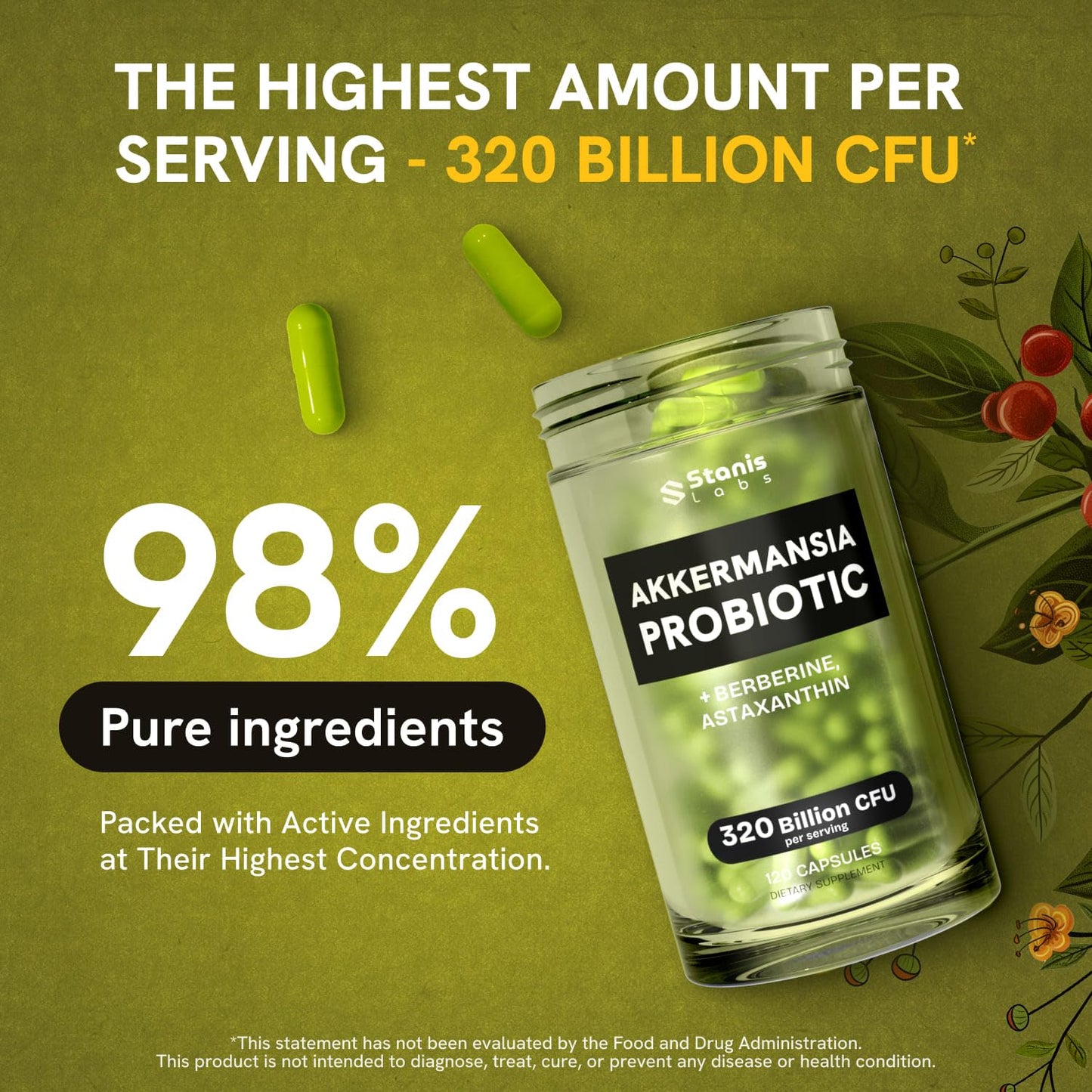 Akkermansia Muciniphila Probiotics 320 Billion CFU| Probiotic and Prebiotic | Akkermansia Probiotics for gut health | Inulin Prebiotic Fiber Capsules Astaxanthin & Berberine & Chromium | 120 capsules Stanis Labs buy supplements Au