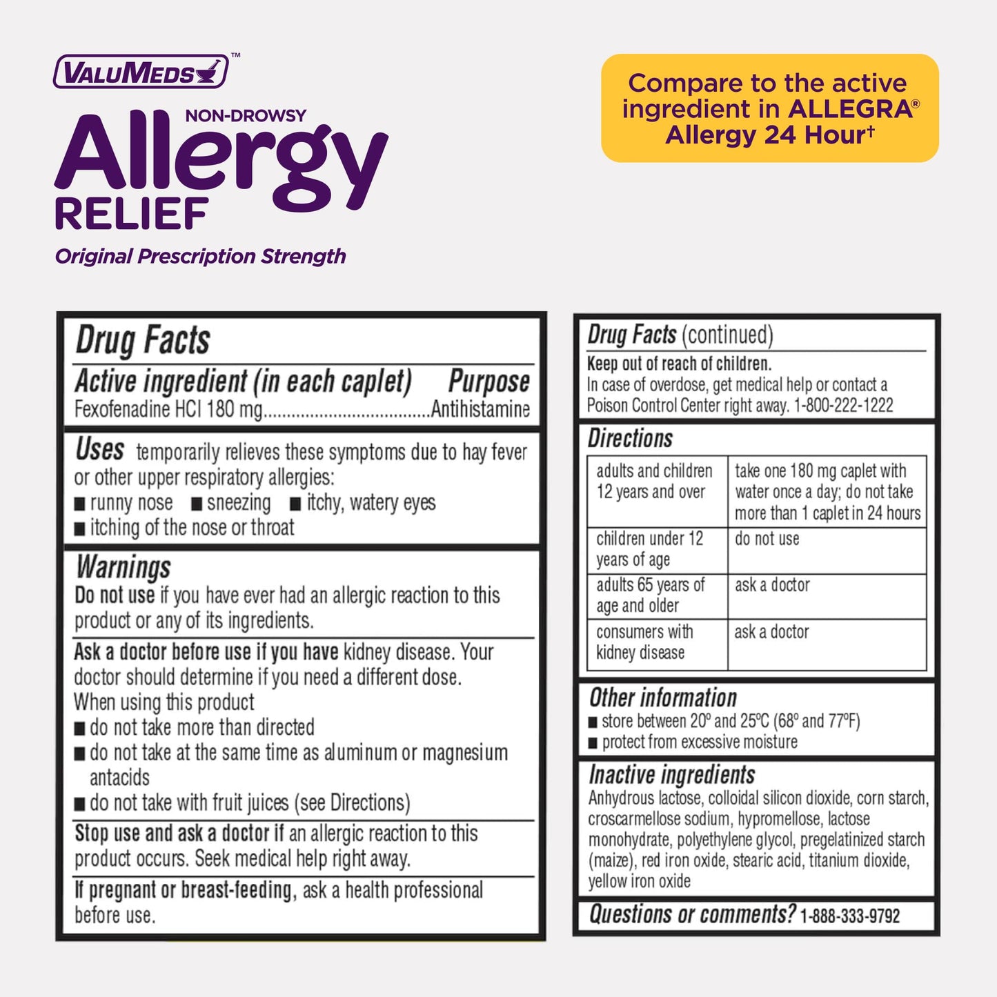 ValuMeds | Compare to Allegra | Fexofenadine HCl 180mg | 24-Hour Allergy Relief, Non-Drowsy Antihistamine Generic Medicine for Allergies, Hay Fever, Itchy Eyes | for Kids & Adults (100 Count) ValuMeds buy supplements Au
