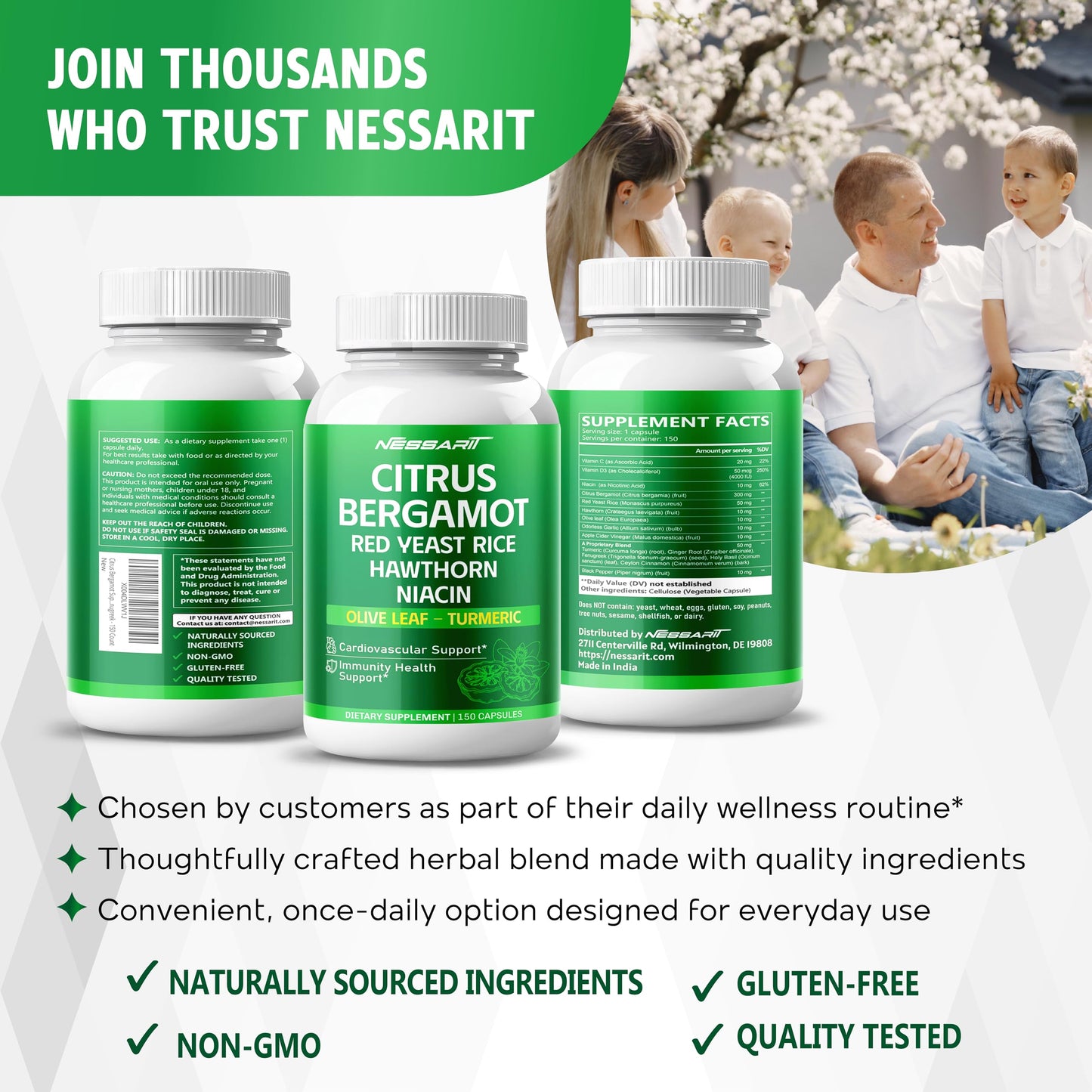 Citrus Bergamot Supplement - 15-in-1 Natural Blend with Red Yeast Rice Hawthorn Olive Leaf Odorless Garlic Turmeric Ginger Fenugreek - 150 Count