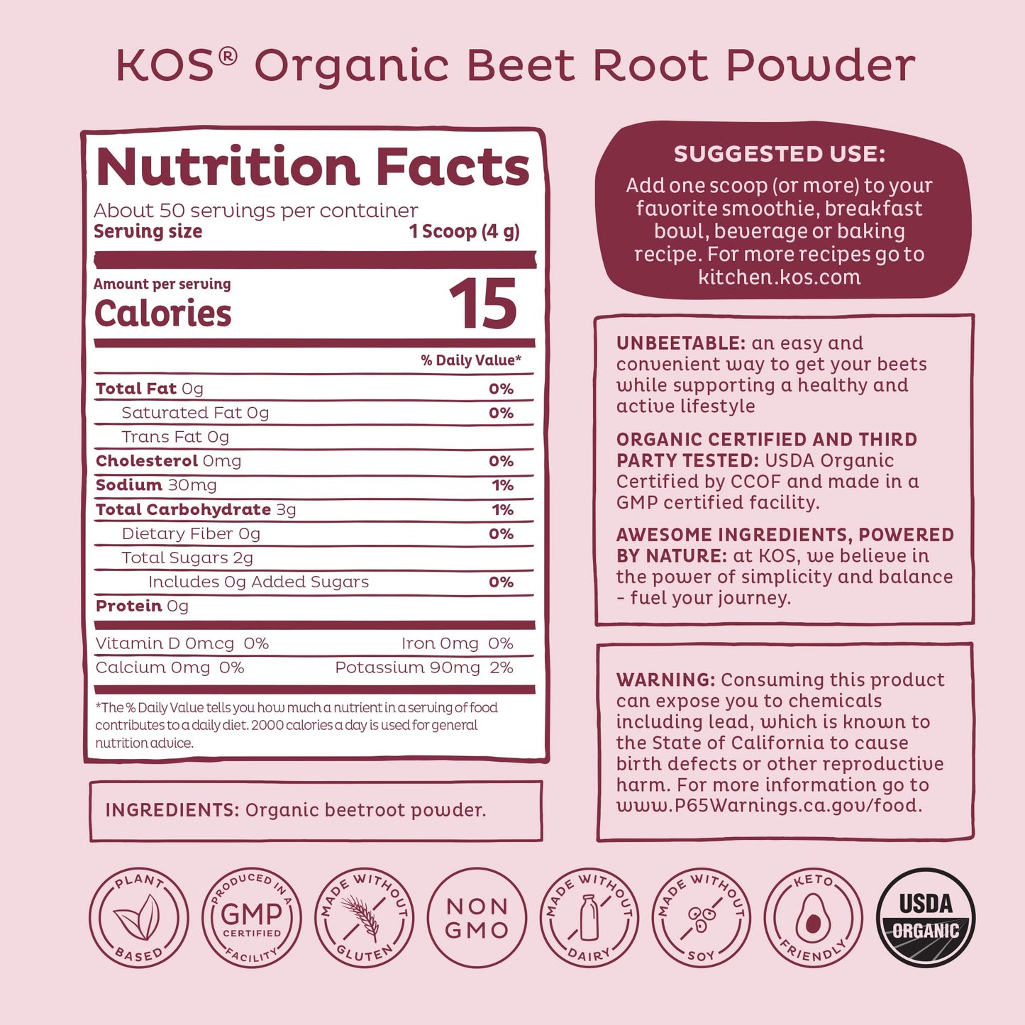 KOS Organic Beet Root Powder, USDA Certified - Superfood Plant Based Beetroot Ingredient for Stamina Increasing, Circulation - Non-GMO, Soy & Gluten-Free, 50 Servings Bag KOS buy supplements Au
