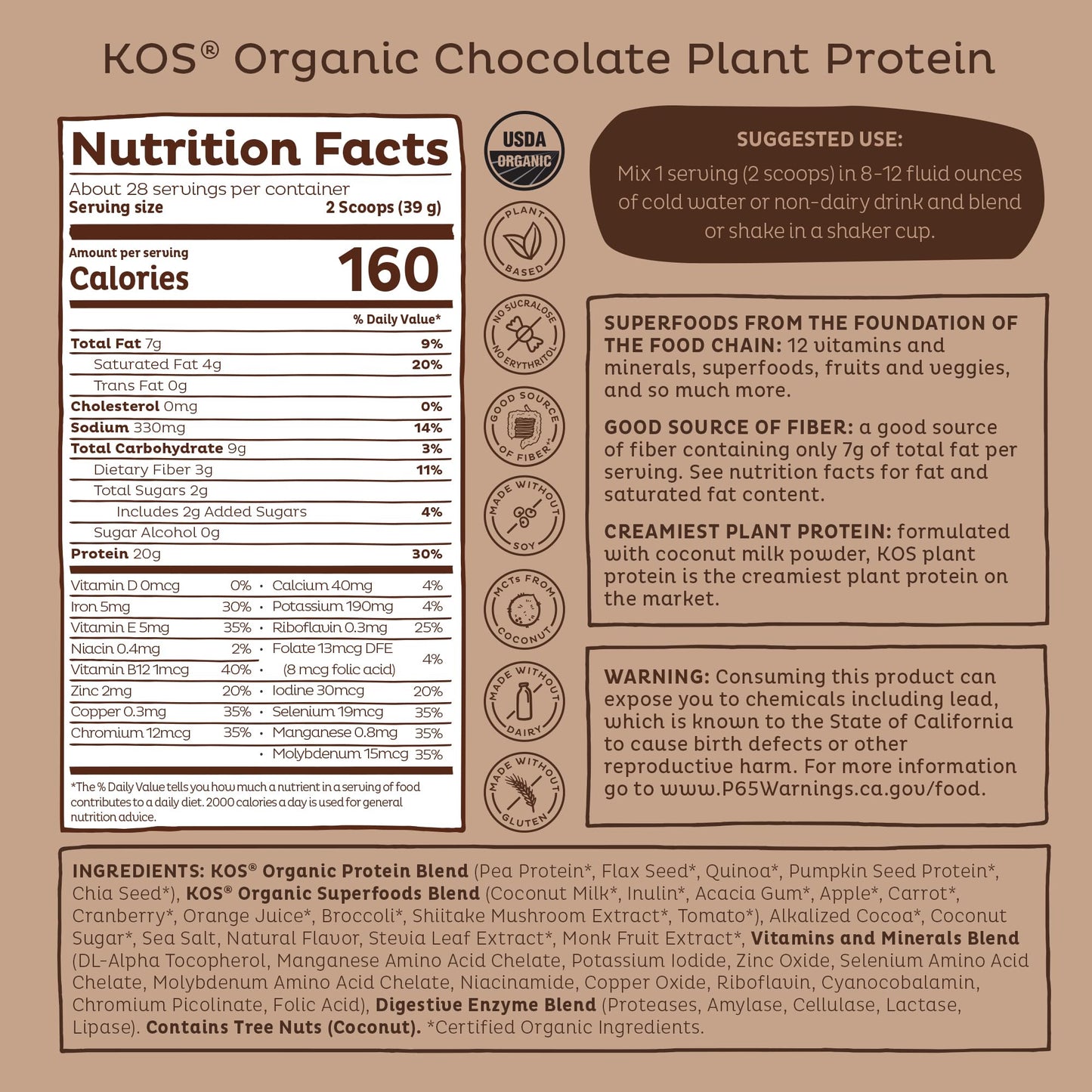 KOS Vegan Protein Powder Erythritol Free, Chocolate - Organic Pea Protein Blend, Plant Based Superfood Rich in Vitamins & Minerals - Keto, Dairy Free - Meal Replacement for Women & Men, 28 Servings KOS buy supplements Au