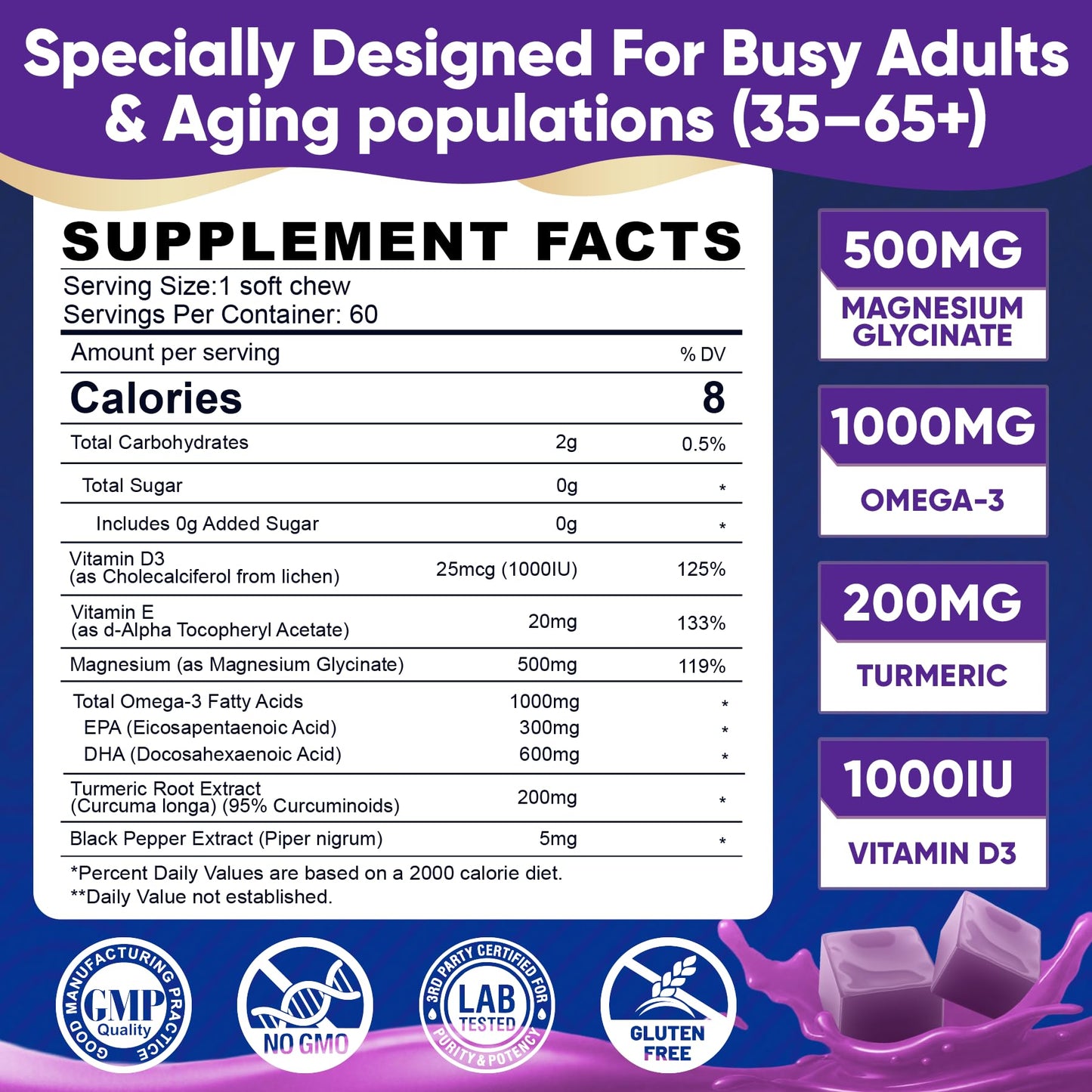Magnesium Glycinate Gummies 500mg - Magnesium with Omega-3, Turmeric, Vitamin D3 & E | Magnesium Glycinate Soft Chews for Adults | for Sleep, Muscle & Brain | 60 Counts ELLAMENTZBuy Supplements Australia