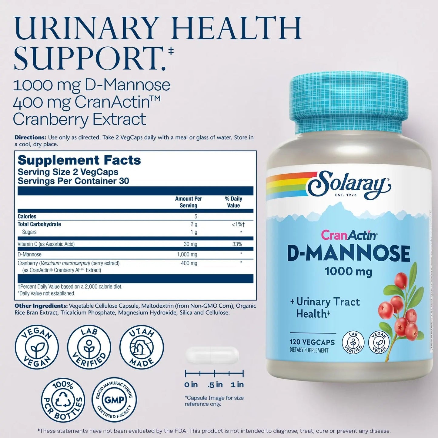 SOLARAY D-Mannose 1000mg with CranActin Cranberry Supplement 400mg, Urinary Tract Health & Bladder Support Capsules with Vitamin C, Vegan, 60 Day Guarantee, 60 Servings, 120 VegCaps (120 CT) SOLARAYBuy Supplements Australia