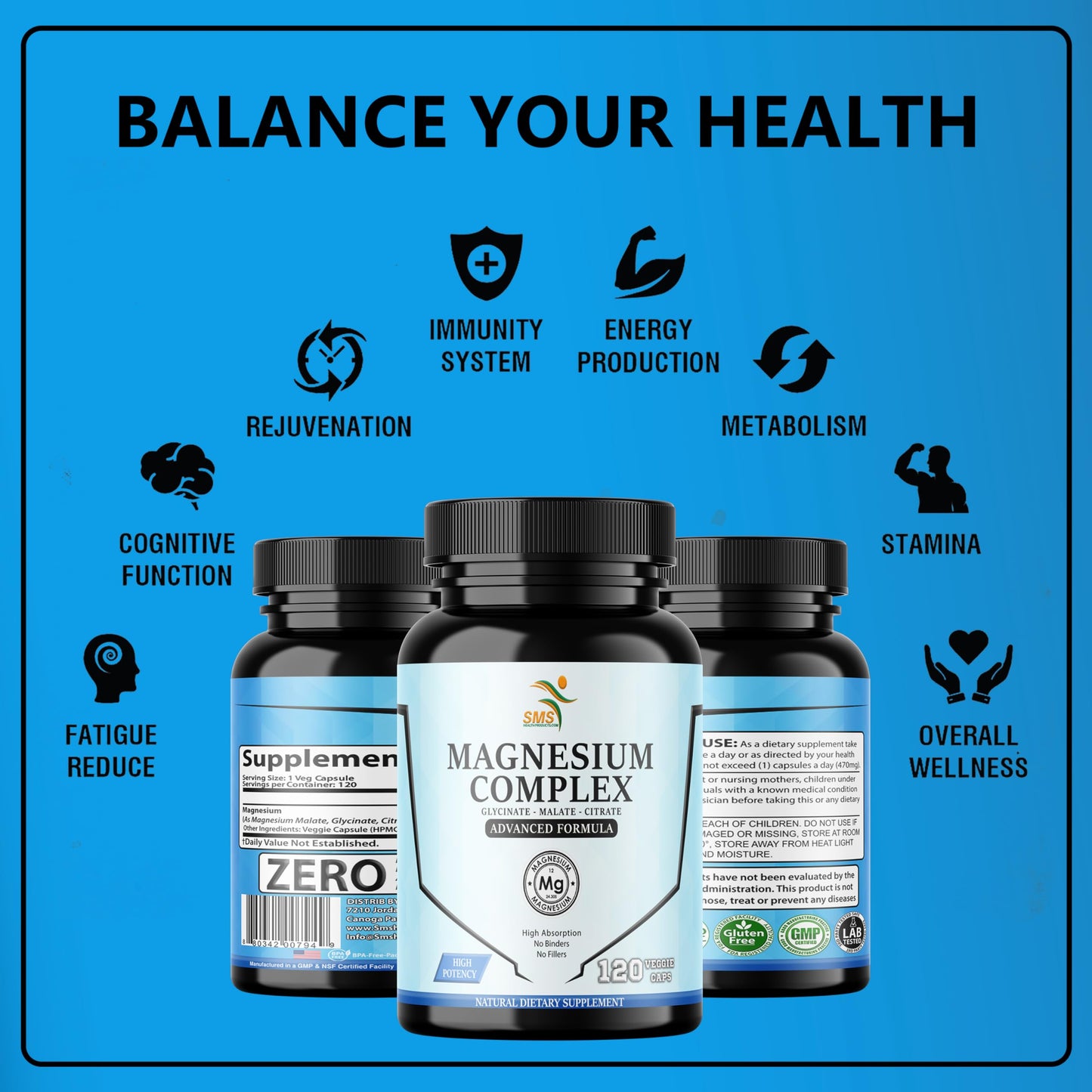SMSHEALTHPRODUCTS.com Magnesium Complex | 470mg of Magnesium Glycinate, Malate, & Citrate for Muscles, Nerves, & Energy | High Absorption | Vegan, Non-GMO | 120 Capsules SMSHEALTHPRODUCTS.com buy supplements Au