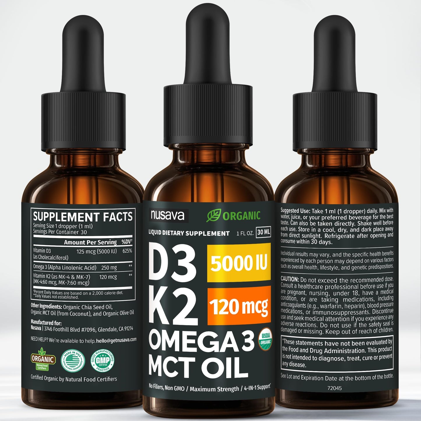 (2 Pack) Organic Vitamin D3 K2 Drops with MCT Oil Omega 3, 5000 IU — Liquid D3, No Fillers, Non-GMO, Immune Support (Unflavored, 2 Fl Oz) NUSAVA buy supplements Au