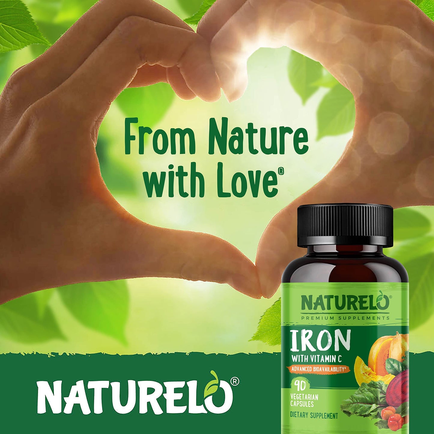 NATURELO Vegan Iron Supplement with Vitamin C and Organic Whole Foods - Gentle Iron Pills for Women & Men with Iron Deficiency Including Pregnancy