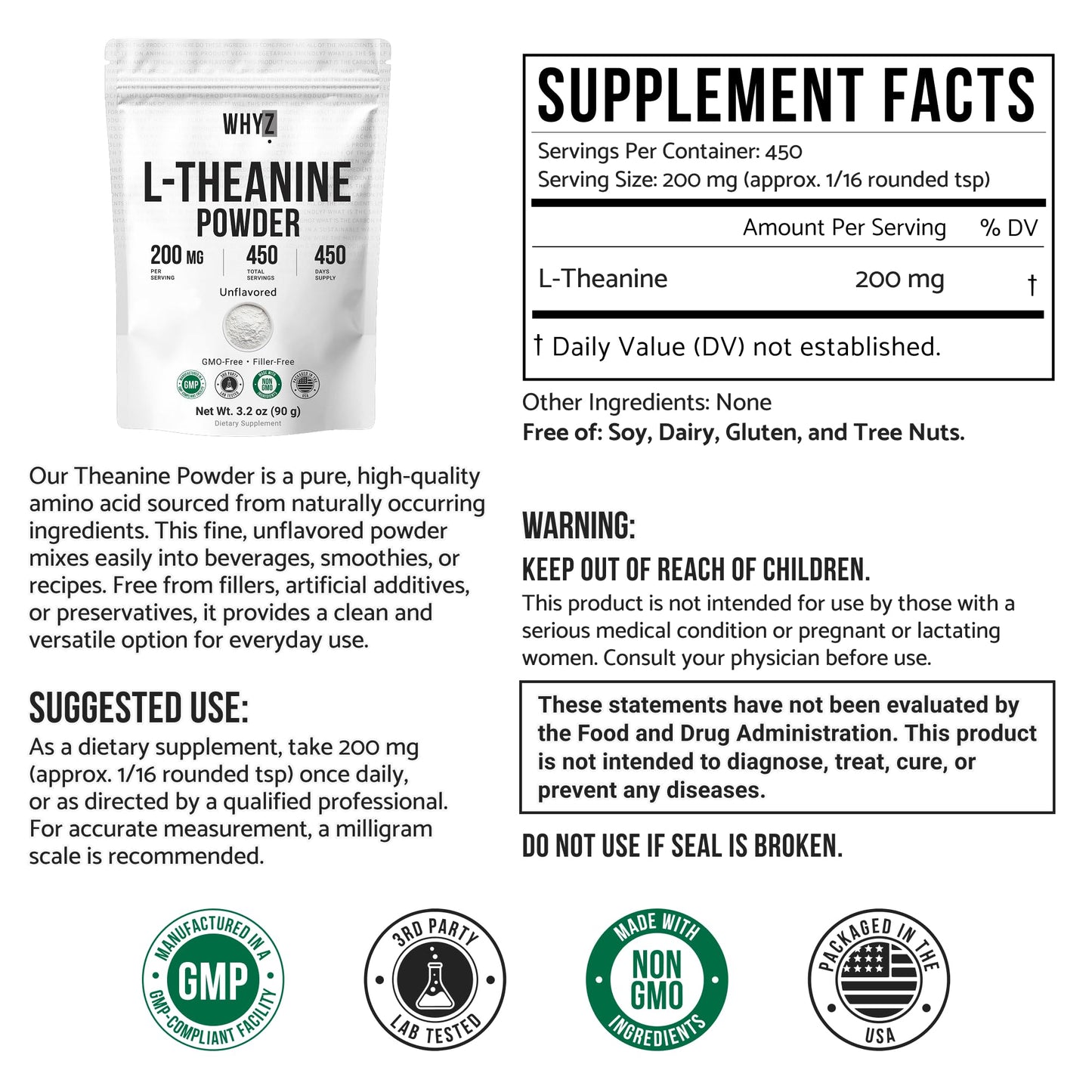 Pure L-Theanine Powder Unflavored Amino Acid Supplement Powder from Fine L-Theanine for Smooth Mixing Vegan Friendly Non-GMO No-Additives for Smoothies Drinks and Daily Nutrition Support, 3.2 oz (90g) WHYZBuy Supplements Australia