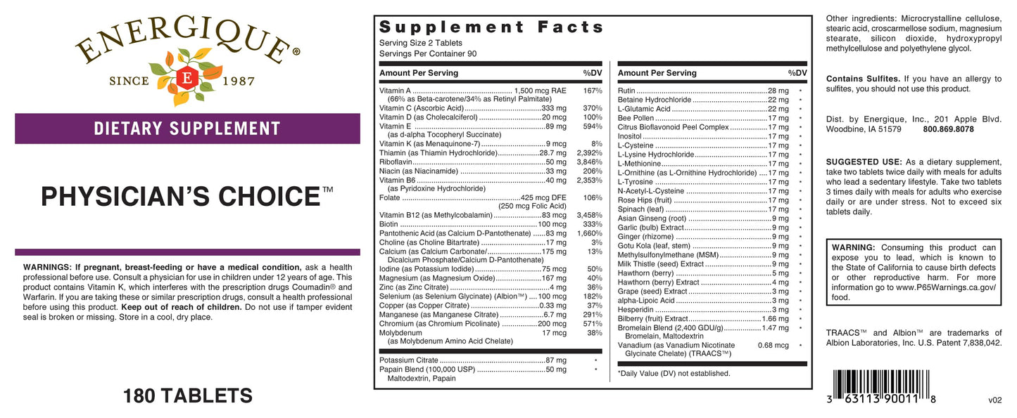 Energique Physician's Choice multivitamin Providing Optimal doses of Essential Vitamins and Minerals. EnergiqueBuy Supplements Australia
