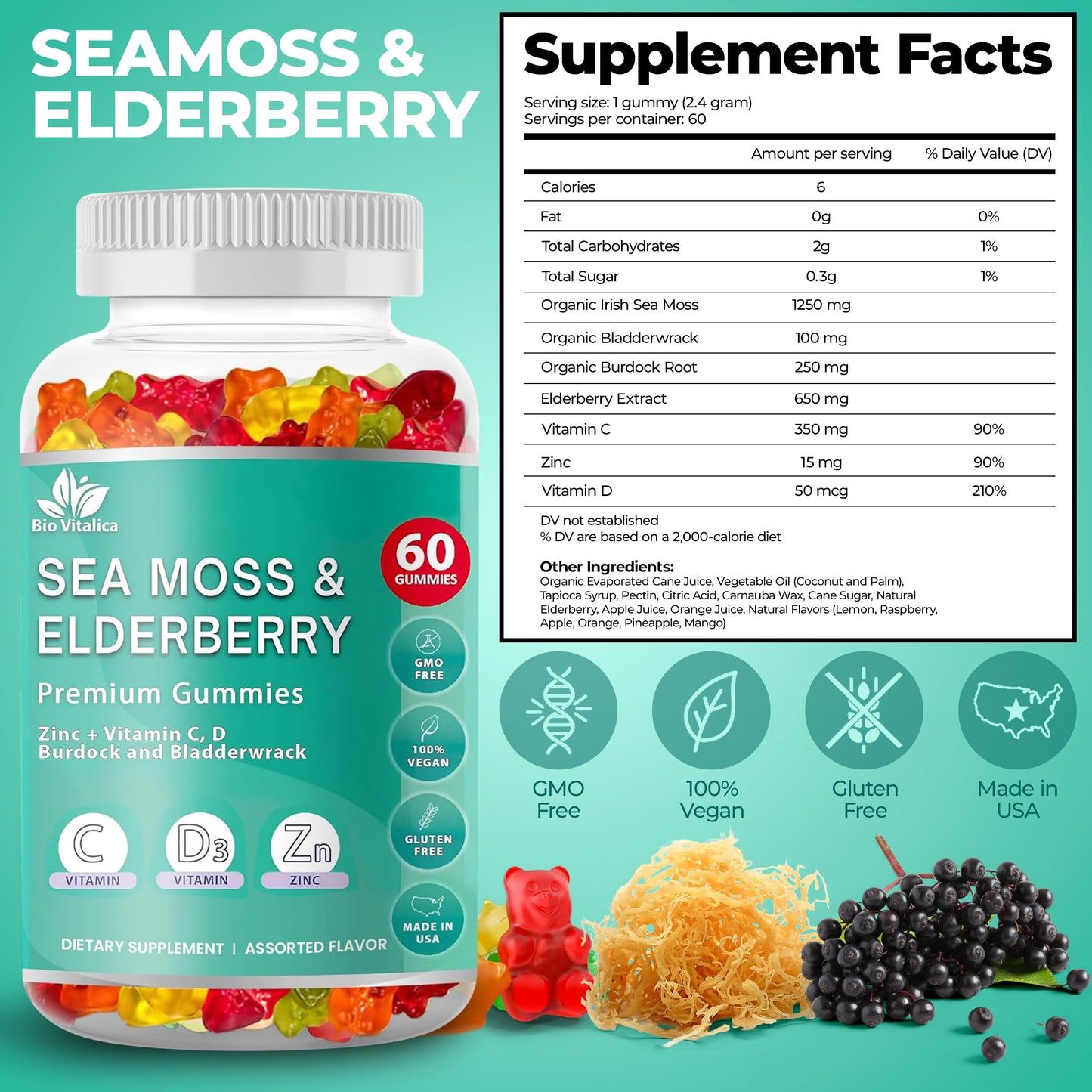 BIO VITALICA Irish Sea Moss Gummies with Elderberry – USA Made Vegan Gummies with Vitamin C, D & Zinc – Immune Support Supplement with Bladderwrack & Burdock Root for Adults & Kids – 3 Packs BIO VITALICABuy Supplements Australia