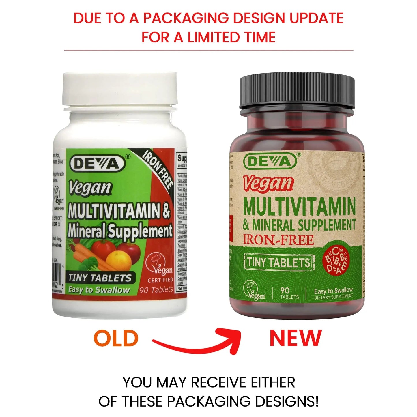 DEVA Vegan Iron-Free Multivitamin & Mineral Supplement, Vitamin C, D2, E & B-Complex, Biotin, 90 Tiny Tablets DEVA