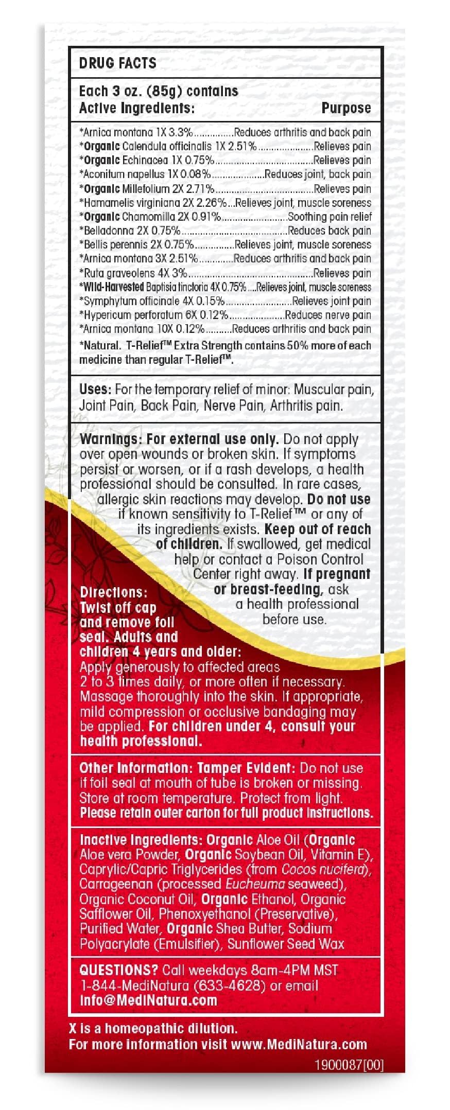 MediNatura T-Relief Extra Strength Cream Arnica +12 Natural Relieving Actives for Back Pain Joint Soreness Muscle Aches & Stiffness, Whole Body Fast Acting Relief for Women & Men - 3 oz MediNaturaBuy Supplements Australia