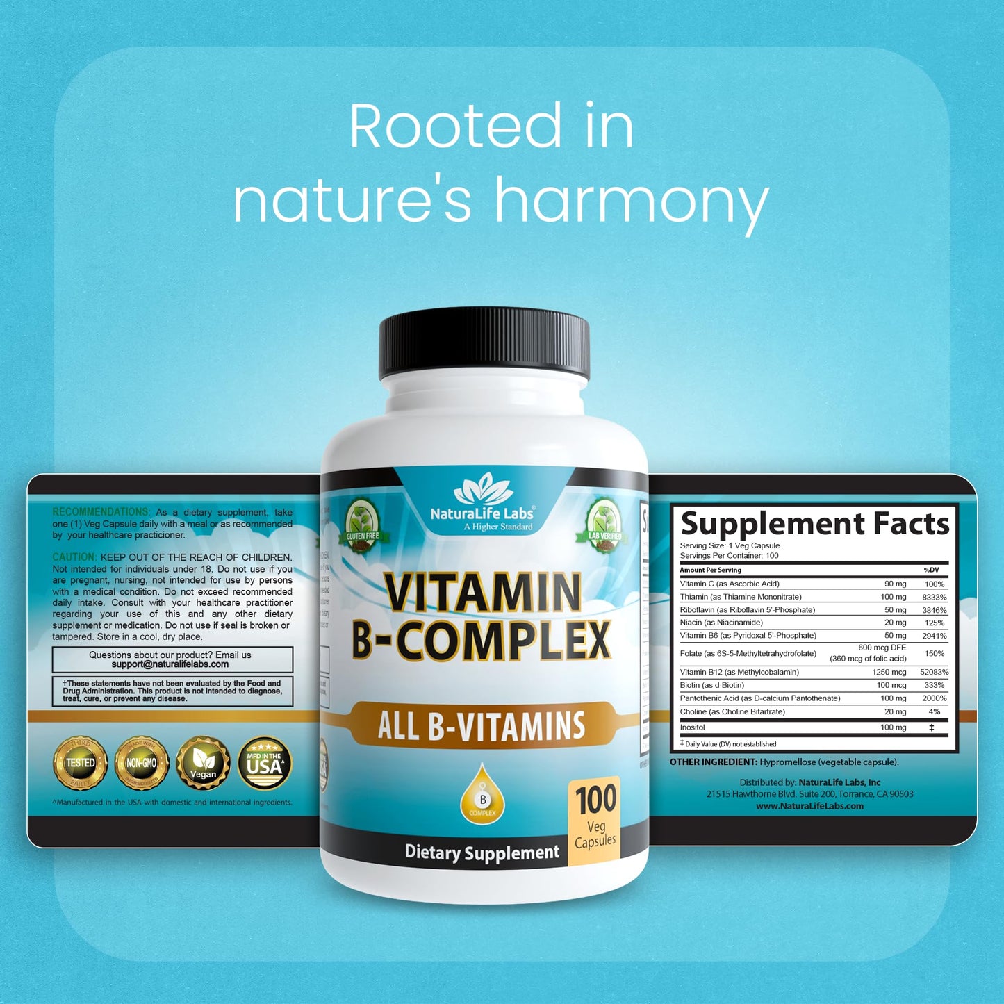 NaturaLife Labs Vitamin B Complex – All B Vitamins Including Active B2, B6, B9 & B12 (Methylcobalamin), Plus B1, B3, B5, B7 & Vitamin C – 100 Capsules