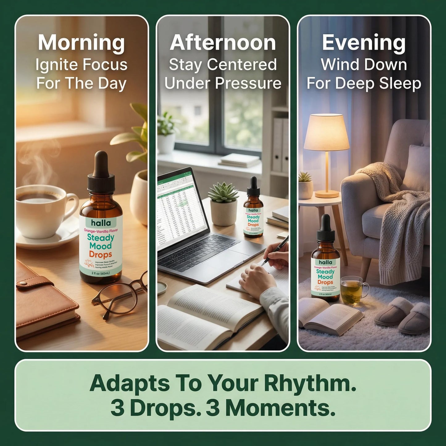 Halla Steady Mood Drops Saffron Extract, Maritime Pine Bark Extract, Phosphatidylserine, Magnesium L-Threonate, Sleep Supplements, Improves Focus & Attention, Mood Support Supplement, 60ml