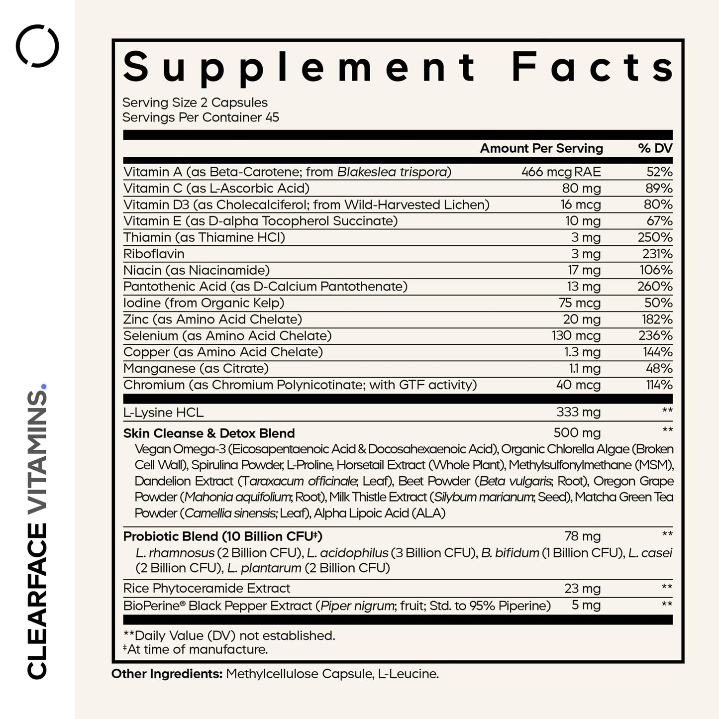 Codeage Clearface Pantothenic Acid, Niacin Supplement, Vitamins A, C, D3, E, Probiotics, Zinc, Riboflavin, Thiamin, L-Lysine HCL & Omega-3, Niacinamide, Skin Botanical Blend - Non-GMO - 90 Capsules CodeageBuy Supplements Australia