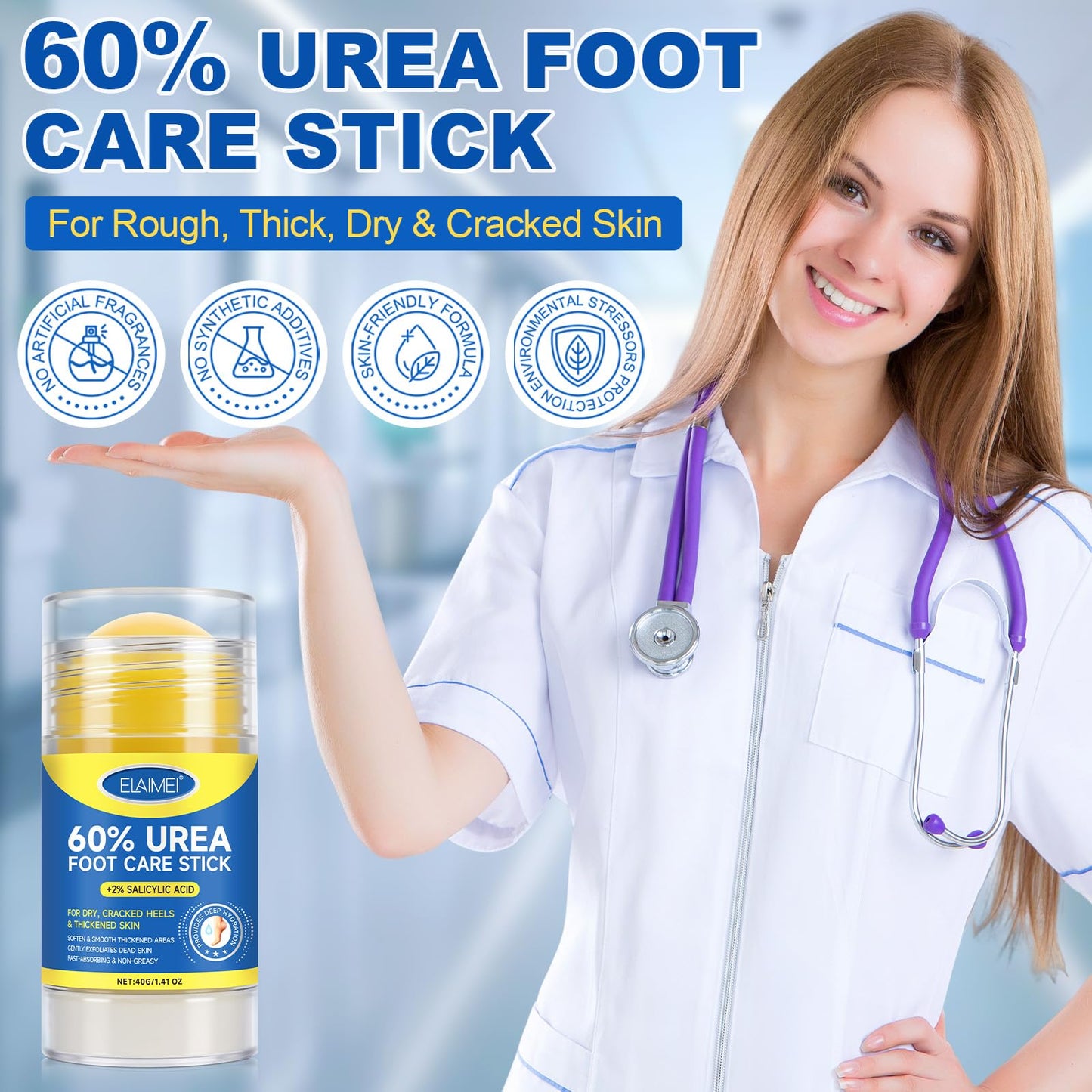 FANSHI 2 PCS Urea Stick 60% High Potency, Foot Care Urea Stick for Deeply Moisturizing & Fast Absorbing, Exfoliation for Dry Cracked Heels & Thickened Skin