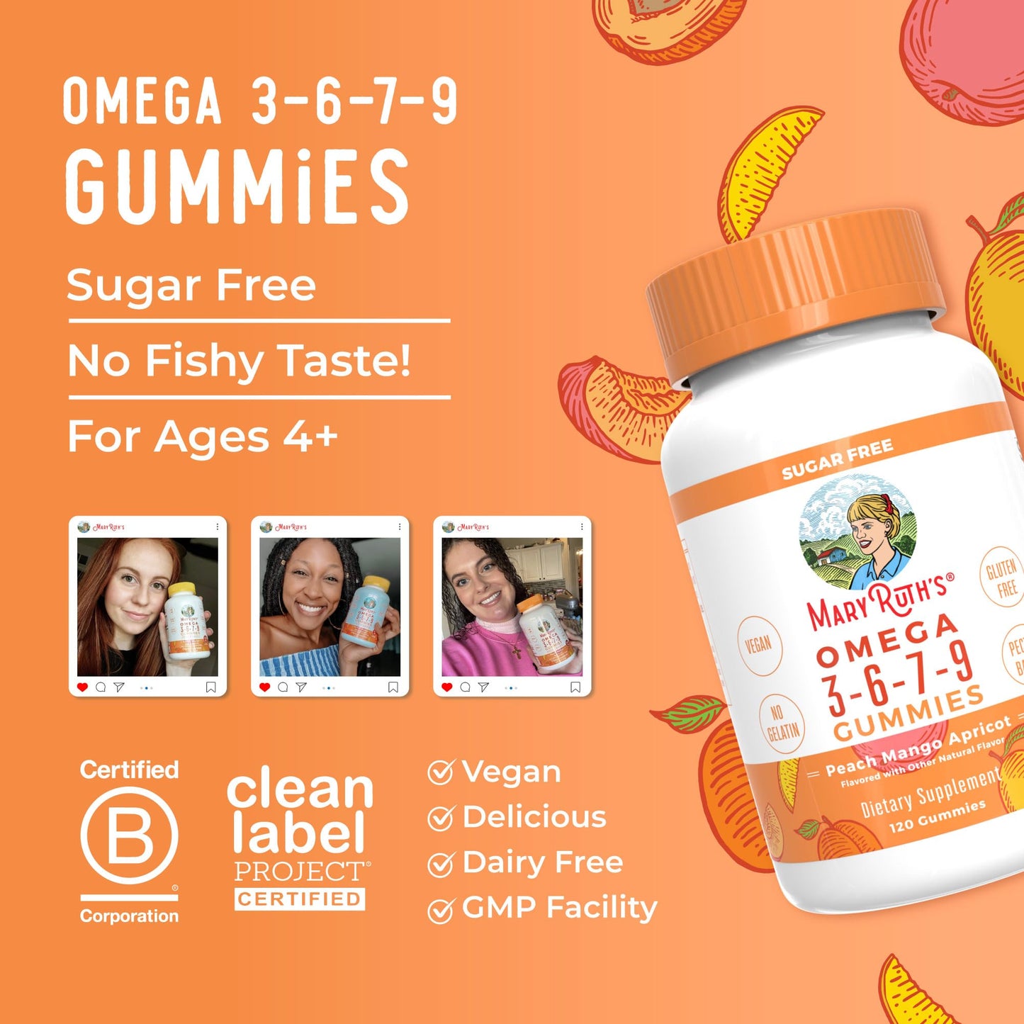 MaryRuth Organics Vegan Omega 3 6 7 9 Gummies | Up to 4 Month Supply | Omega 3 Supplement with Flaxseed Oil | Omega 3 Gummies