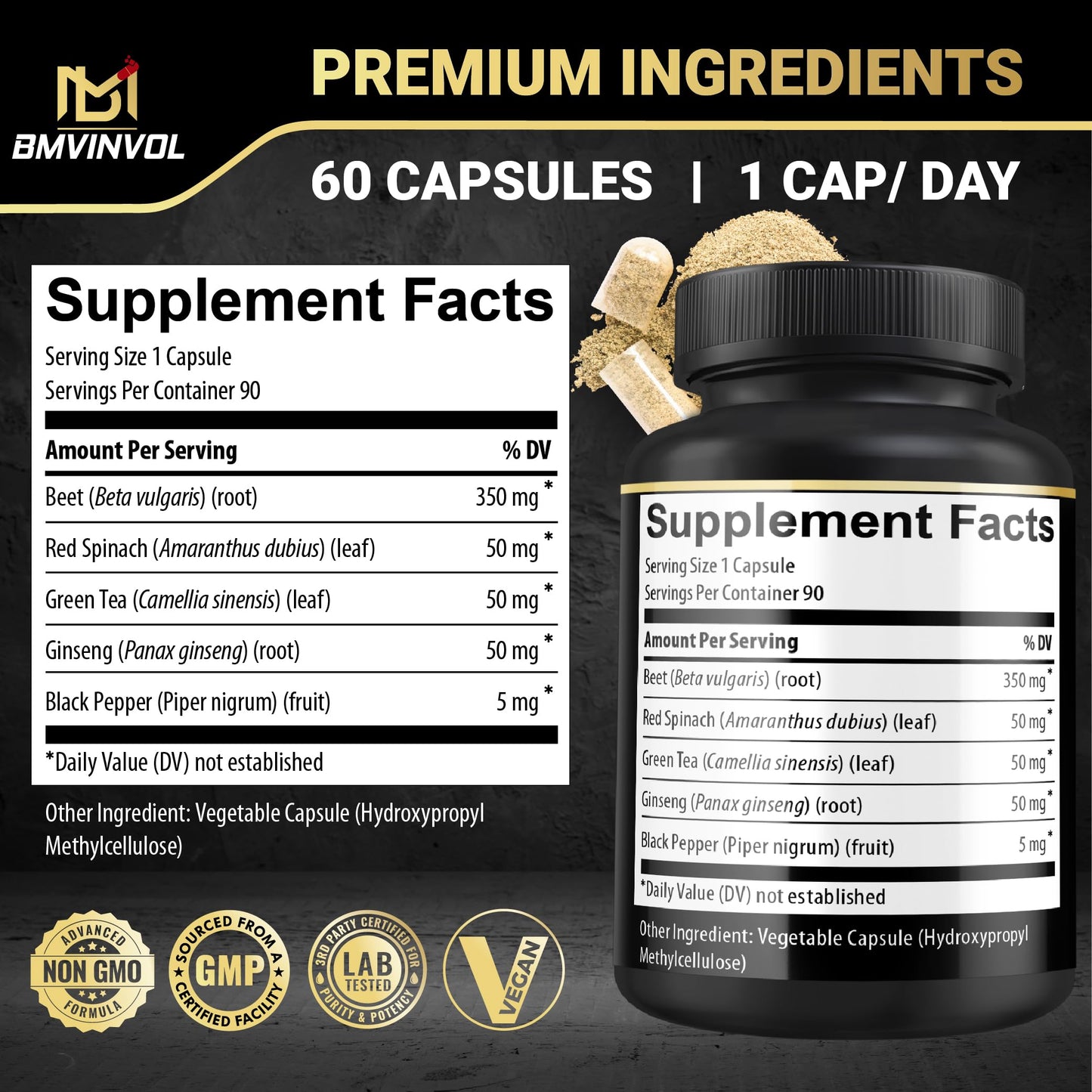 Beet Root Capsules - Green Tea, Red Spinach, Ginseng, Black Pepper - 90 Count - Supports Digestive, Immune System, Energy Levels - 3 Month Supply BMVINVOLBuy Supplements Australia