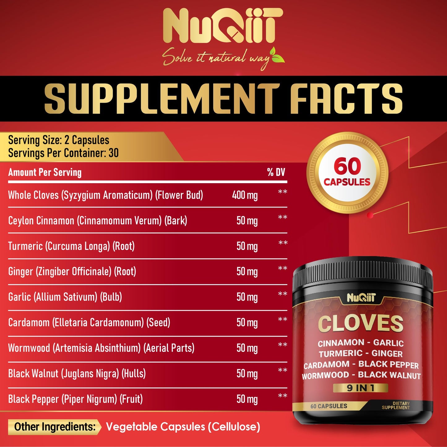 9in1 Clove Supplement Rich in Vitamins & Minerals for Digestive, Immune System, Bone & Heart Health with Cinnamon, Turmeric, Ginger, Cardamom, Garlic, Wormwood, Black Walnut - 60 Capsules - 30 Days NUQIITBuy Supplements Australia