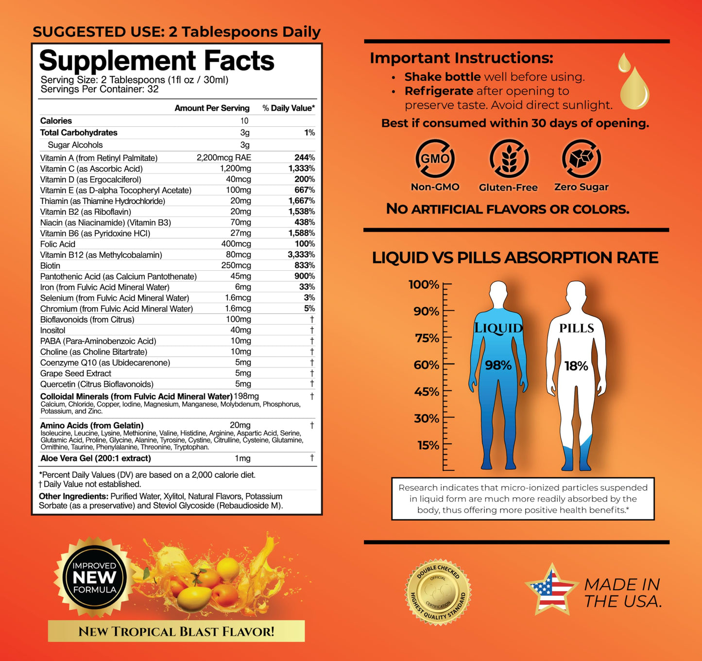 Mega Premium Liquid Multivitamin | Natural Immune Support Vitamin w/ 1333% Vitamin C, 200% D3, Zinc + 20 Vitamins, 70 Minerals, & 21 Amino Acids | Sugar Free | Orange Flavor | 98% Absorption | 32 Serv Tropical OasisBuy Supplements Australia