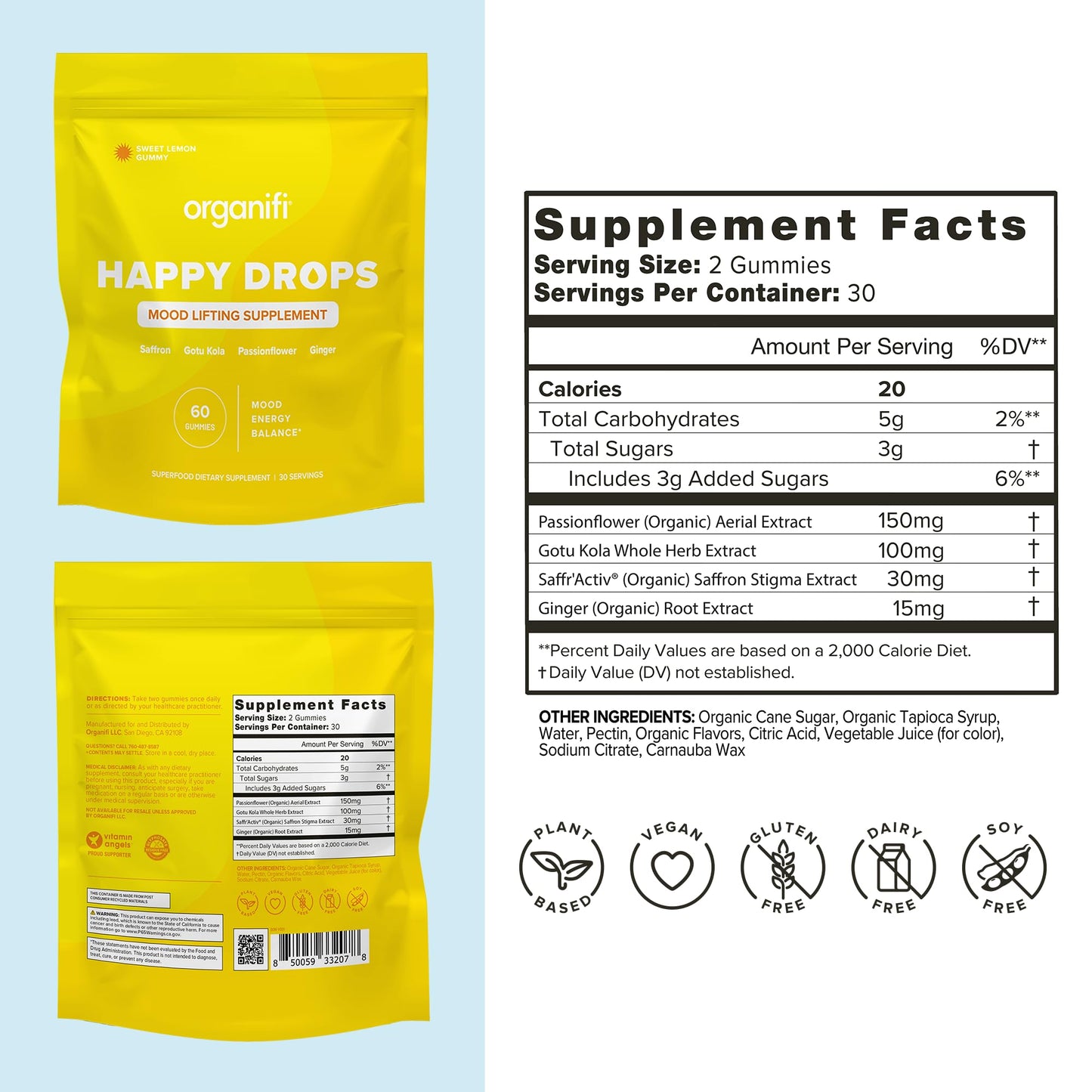 Organifi Happy Drops - Daily Superfood Happy Gummies for Adults - Mood Support Supplement for Balance, Bliss, Energy and Taking the Edge Off - Sweet Lemon Flavor - 60 Gummies OrganifiBuy Supplements Australia