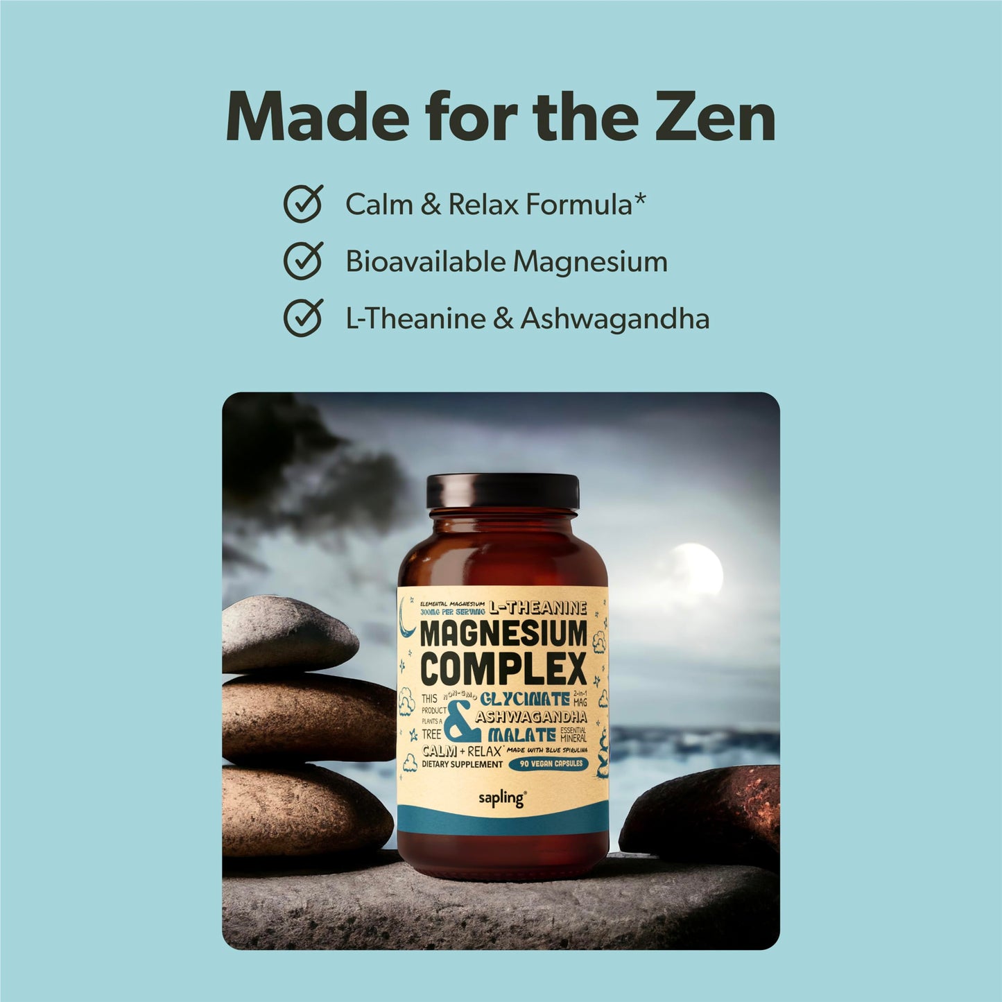 Magnesium Glycinate Complex Supplement - Chelated Magnesium Glycinate with Malate, Organic Ashwagandha, L-theanine & Blue Spirulina - High Absorption, Vegan, Non-GMO, 300mg, 90 Veggie Caps saplingBuy Supplements Australia