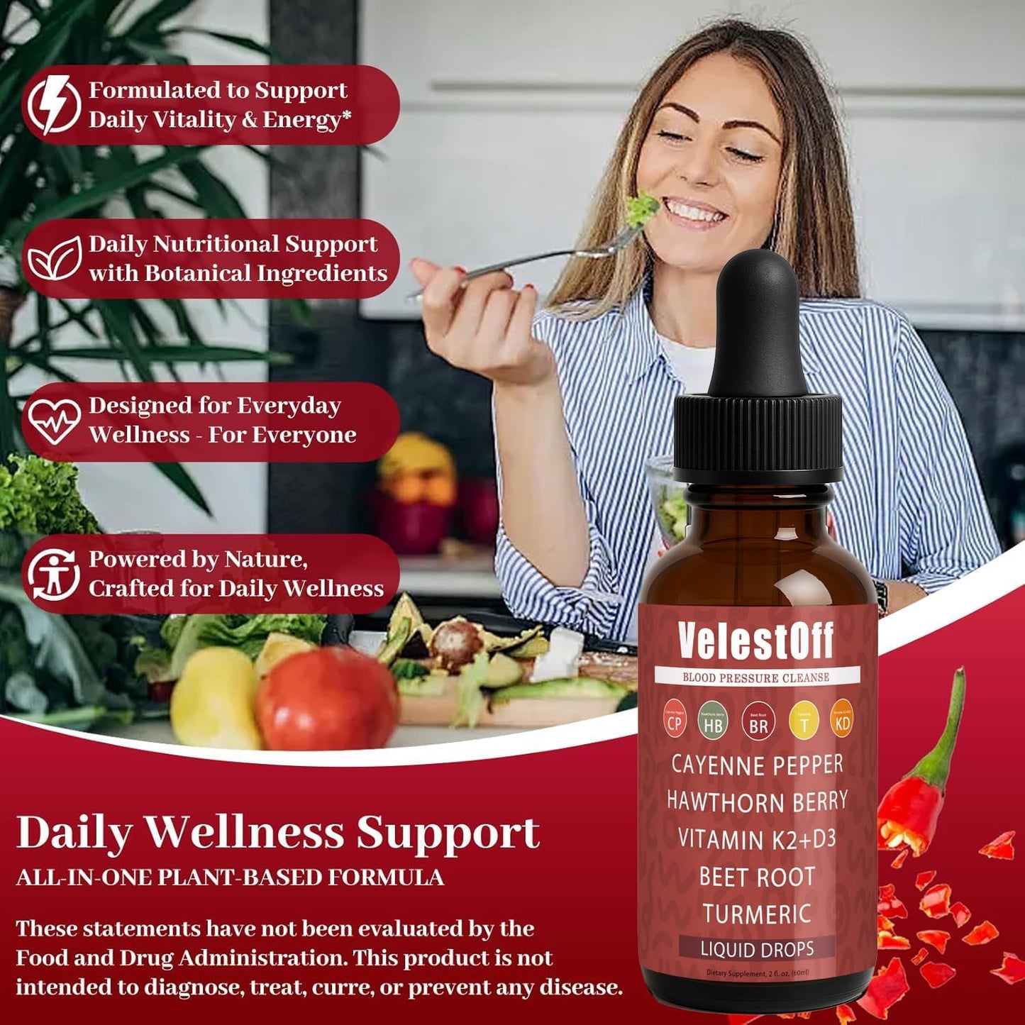 Velestoff Cayenne Pepper | Cayenne Heart & Circulation Blend – Botanical Extracts with Hawthorn, Beet Root, Turmeric, Vitamin K2 & D3 – Daily Wellness Drops (2 fl oz) (1) DFTLUUE buy supplements Au