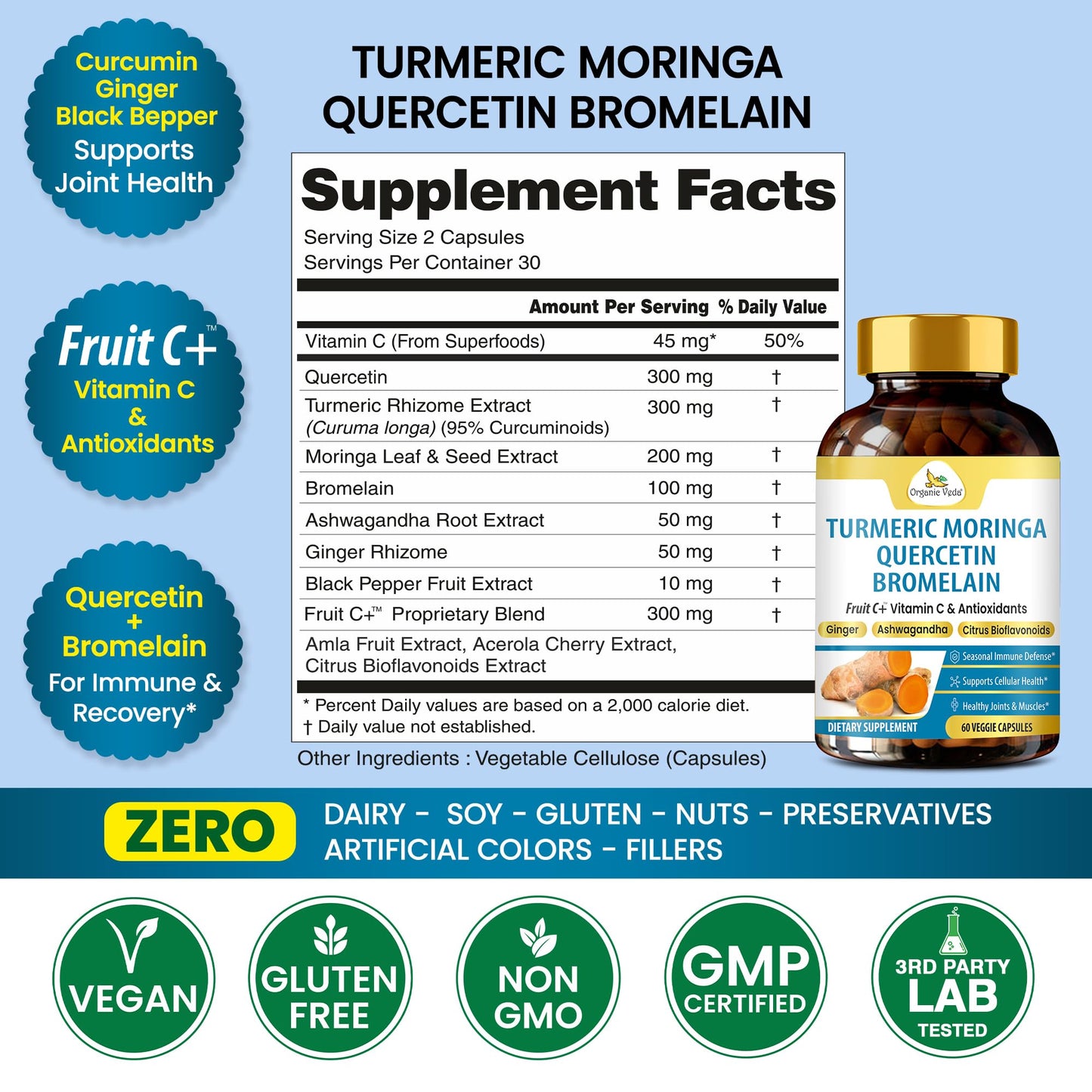 Organic Veda Turmeric Moringa Quercetin with Bromelain Capsules - Fruit C+ Vitamin C Antioxidants Immune System & Respiratory Supplement - Ashwagandha, Ginger, Citrus Bioflavonoids, 60 Vegan Capsule Organic VedaBuy Supplements Australia