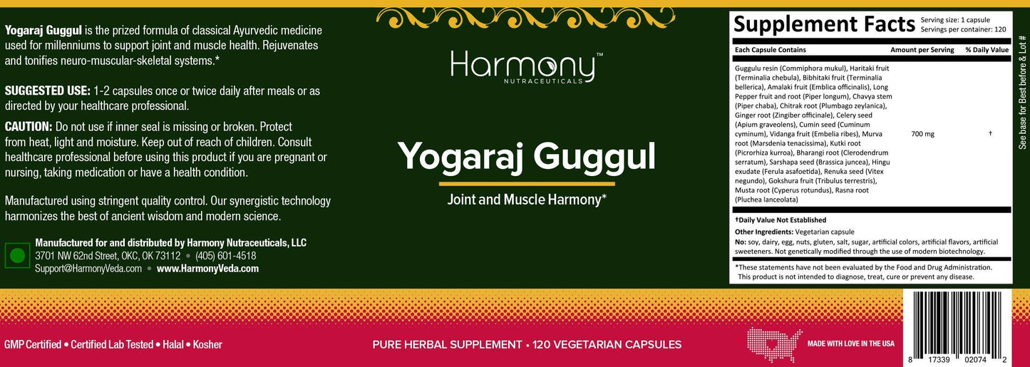 Harmony Nutraceuticals Yogaraj Guggulu - Organic - 120 Capsules - Ayurvedic Herbs for Pain in The Muscles, Nerves & Joints Harmony NutraceuticalsBuy Supplements Australia