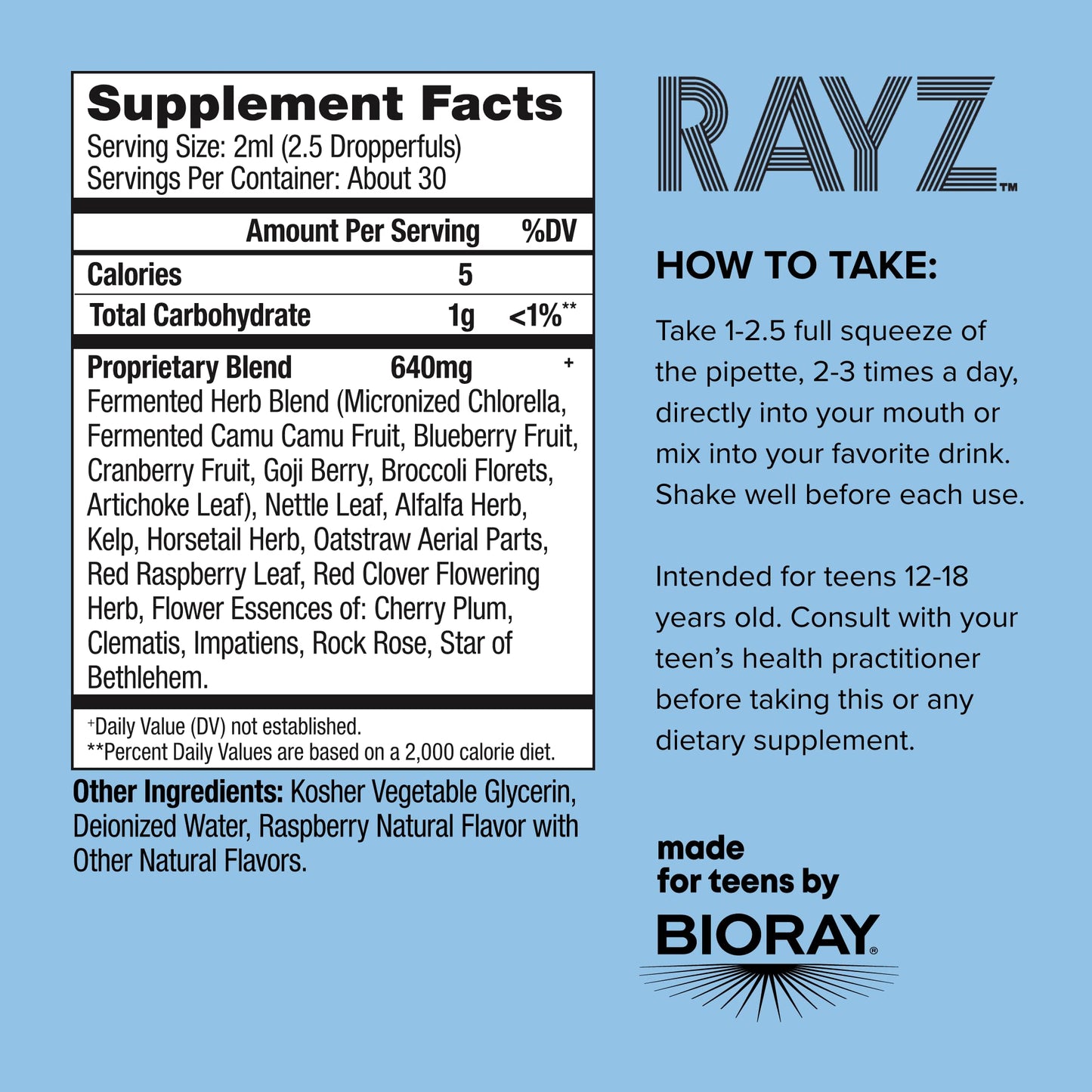 BIORAY RAYZ All Systems Glow, Raspberry Flavor - 2 fl oz - Convenient Source of Vitamins & Minerals for Teens 12-18 Years Old BIORAYBuy Supplements Australia
