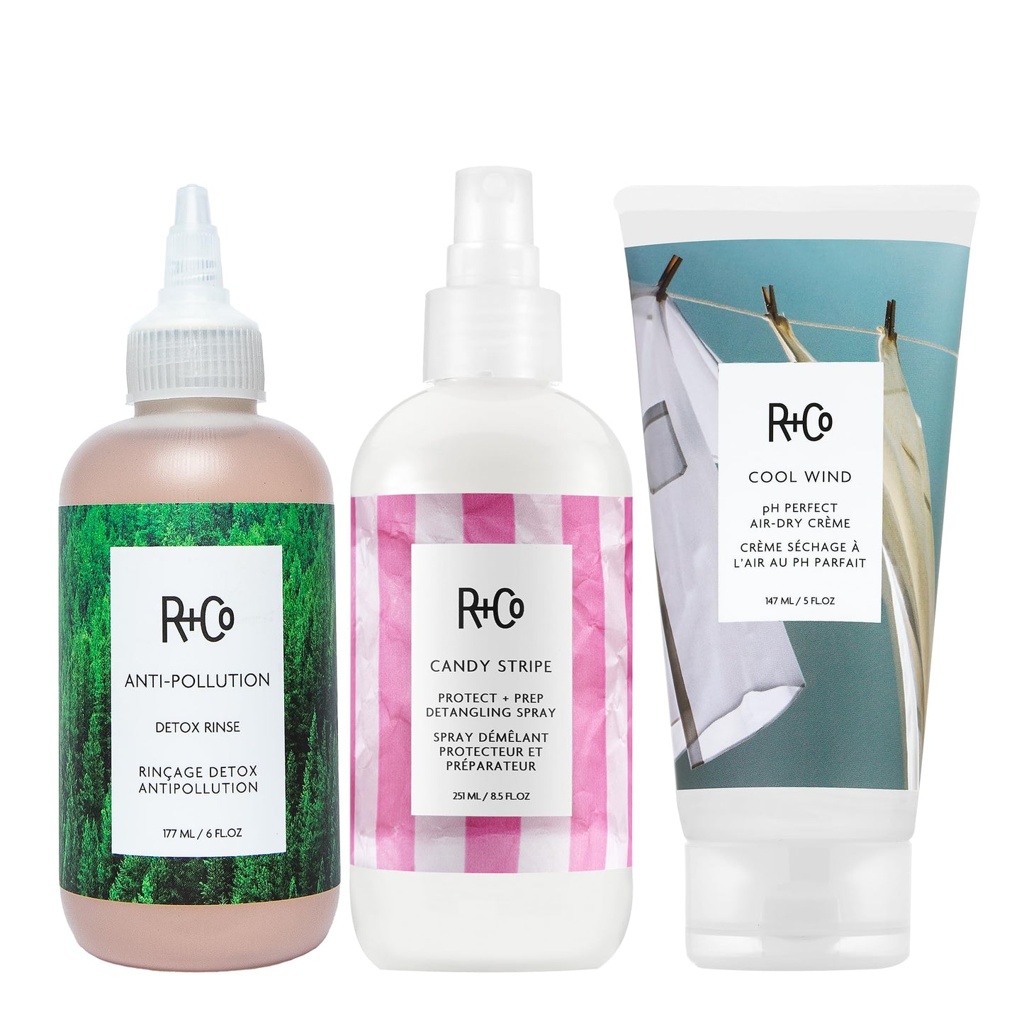 R+Co TEACUP Anti-Pollution Detox Rinse, CANDY STRIPE Protect + Prep Detangling Spray & COOL WIND pH Perfect Air Dry Crème Bundle – Hydration, Protection & Styling for All Hair Types R+CoBuy Supplements Australia