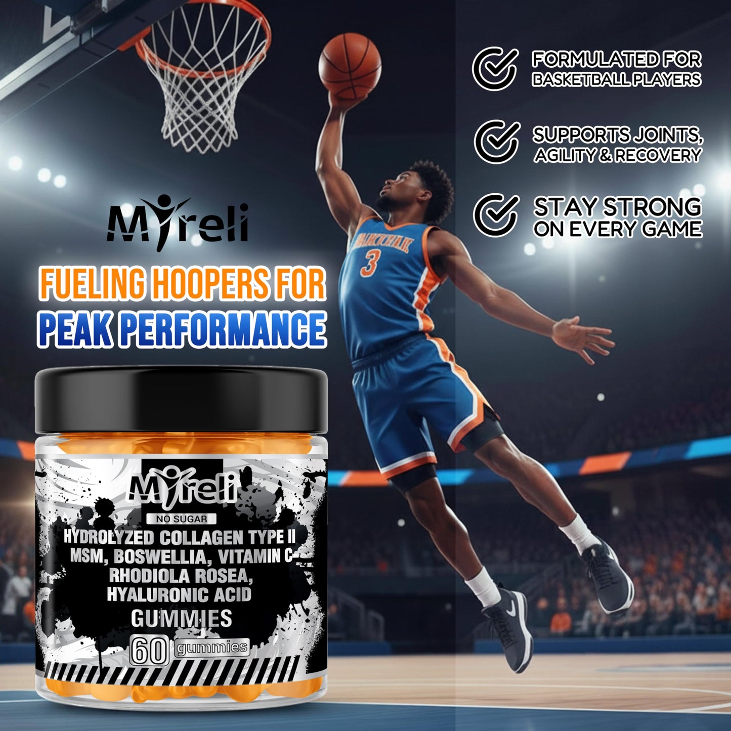 MYRELI Hydrolyzed Collagen Type II 500mg, MSM 700mg, Boswellia 200mg, Vitamin C 400mg, Rhodiola 100mg, Hyaluronic Acid 100mg, Joint Mobility, Flexibility, Basketball Athletes, Vegan, Non GMO, 60 Gummy MYRELIBuy Supplements Australia