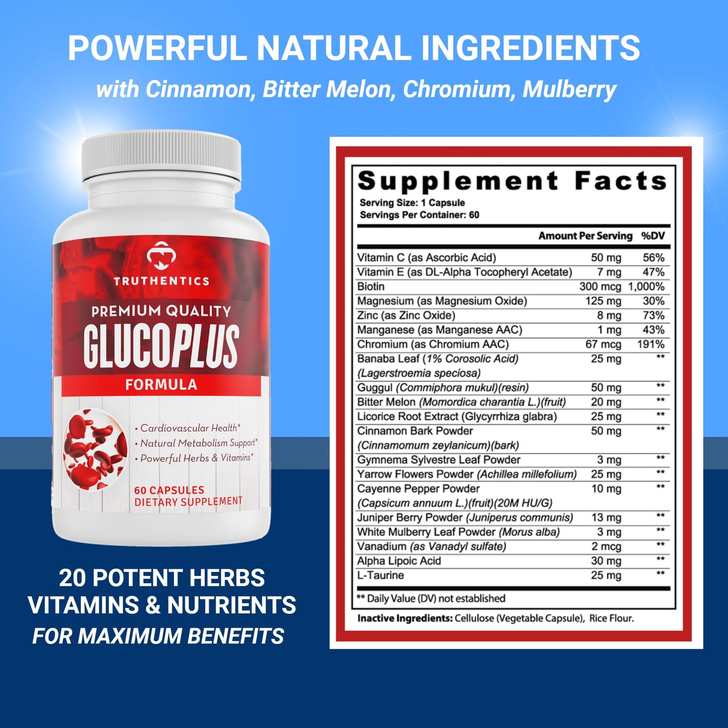 TRUTHENTICS GlucoPlus - 20 Herbs, Vitamins & Minerals with Cinnamon, Chromium, Vanadium, Bitter Melon, Alpha Lipoic Acid, Magnesium - Gluten Free, Non-GMO - 60 Capsules TRUTHENTICSBuy Supplements Australia