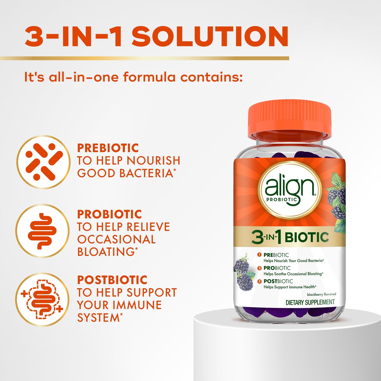 Align Probiotic, 3-in-1 Biotic Gummies, Prebiotic + Probiotic + Postbiotic, #1 Doctor Recommended Probiotic Brand‡, Helps Relieve Occasional Bloating