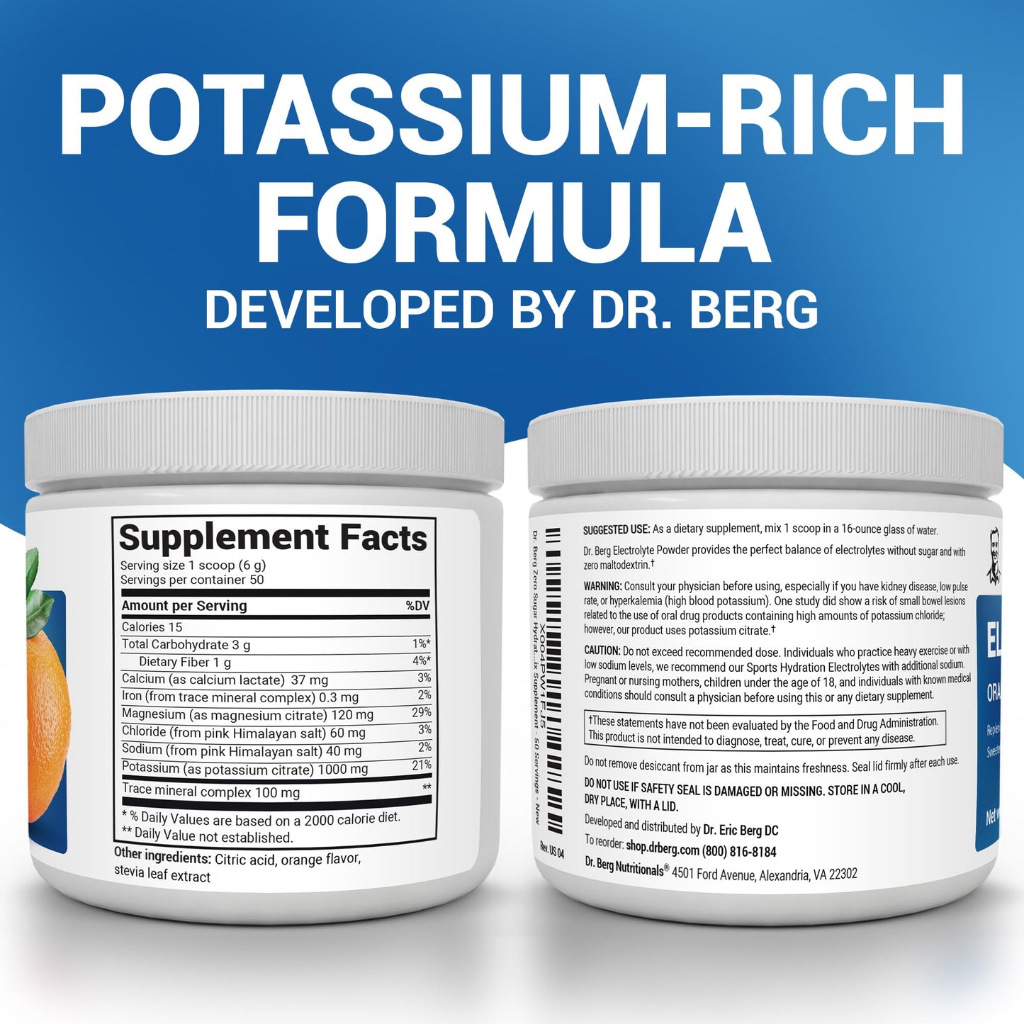 Dr. Berg Zero Sugar Hydration Keto Electrolyte Powder - Enhanced w/ 1000 mg of Potassium & Real Pink Himalayan Salt (NOT Table Salt) - Orange Flavor Hydration Drink Mix Supplement - 50 Servings