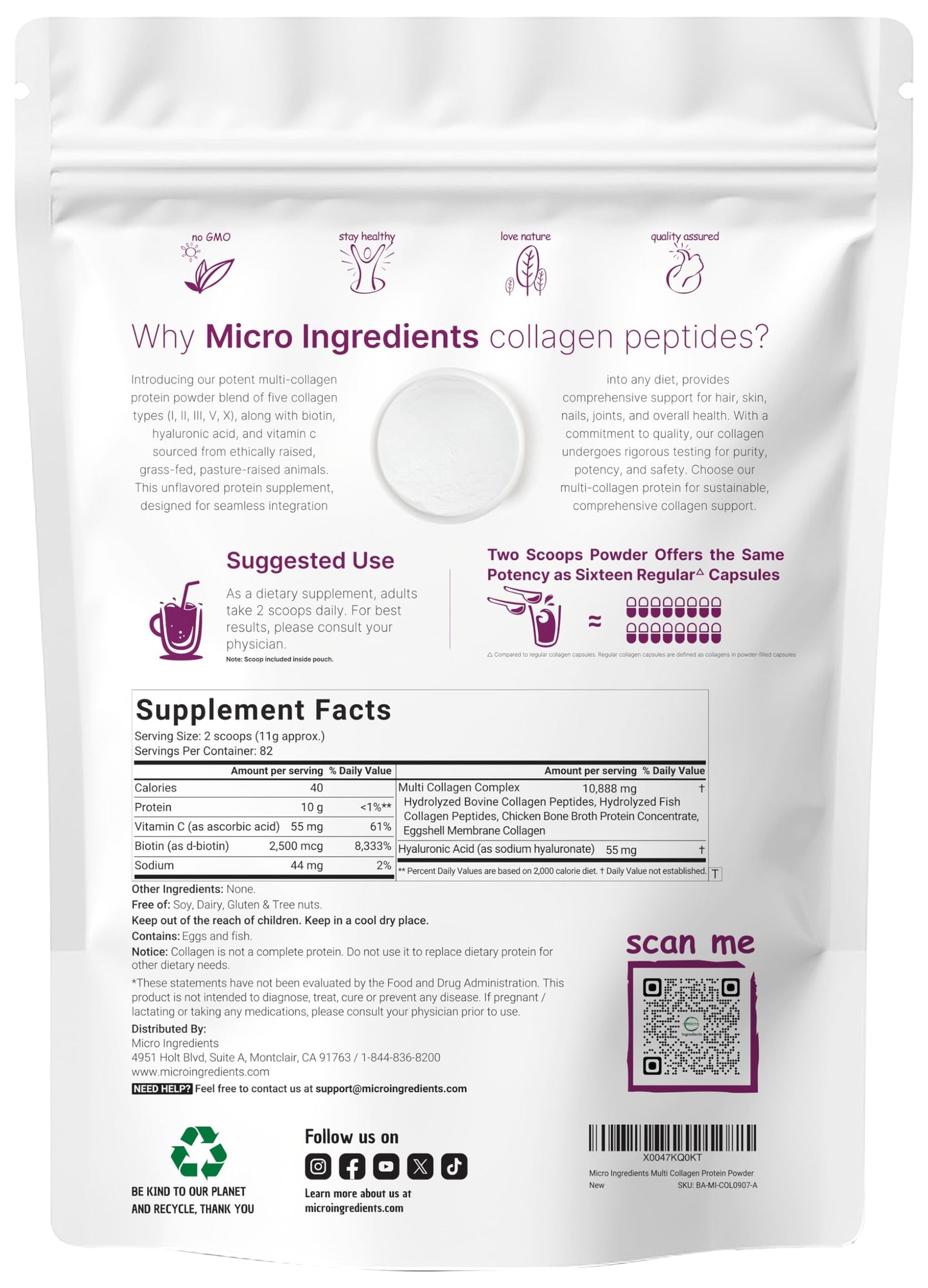 Micro Ingredients Multi Collagen Peptides Powder, 2lb – Hydrolyzed Type I,II,III,V,X with Biotin, Hyaluronic Acid, Vitamin C – Unflavored Collagen for Women & Men