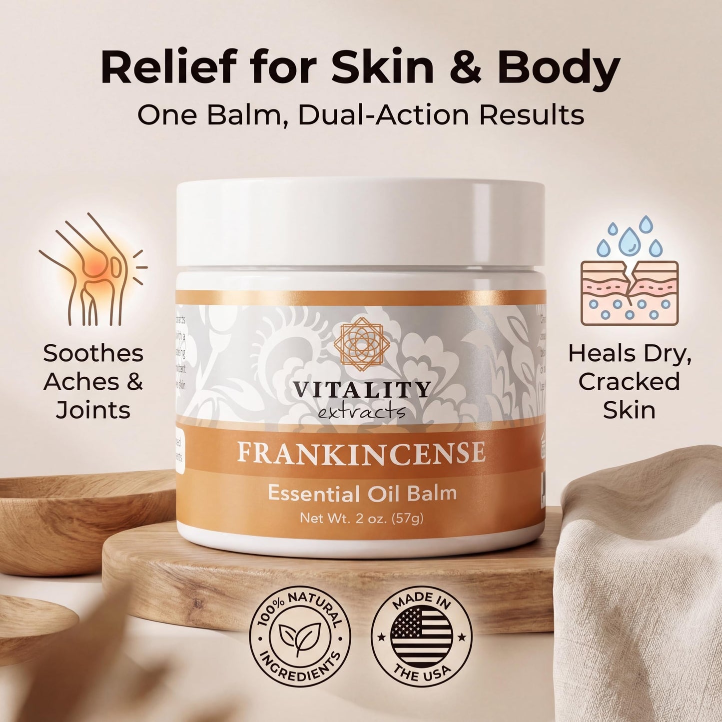 Vitality Extracts Frankincense Balm - 2oz, Boswellia Serrata, Beeswax, Olive Oil, Moisturizer for Dry, Cracked Skin, All Skin Types