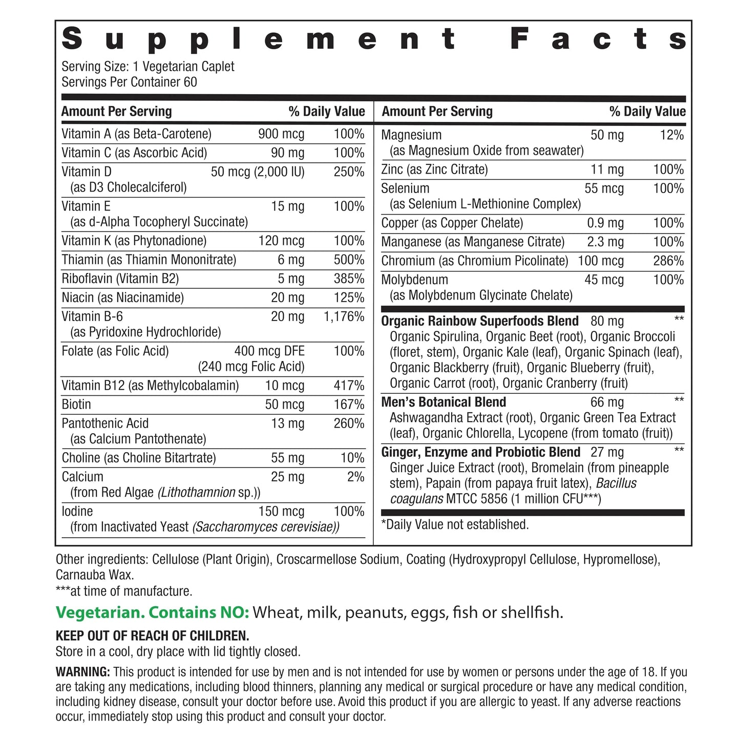 Rainbow Light Mens Multivitamin One + | 60 Caplets | Supports Energy & Antioxidant Health | with Real Food Nutrients, Digestive Enzymes & Probiotics Rainbow Light