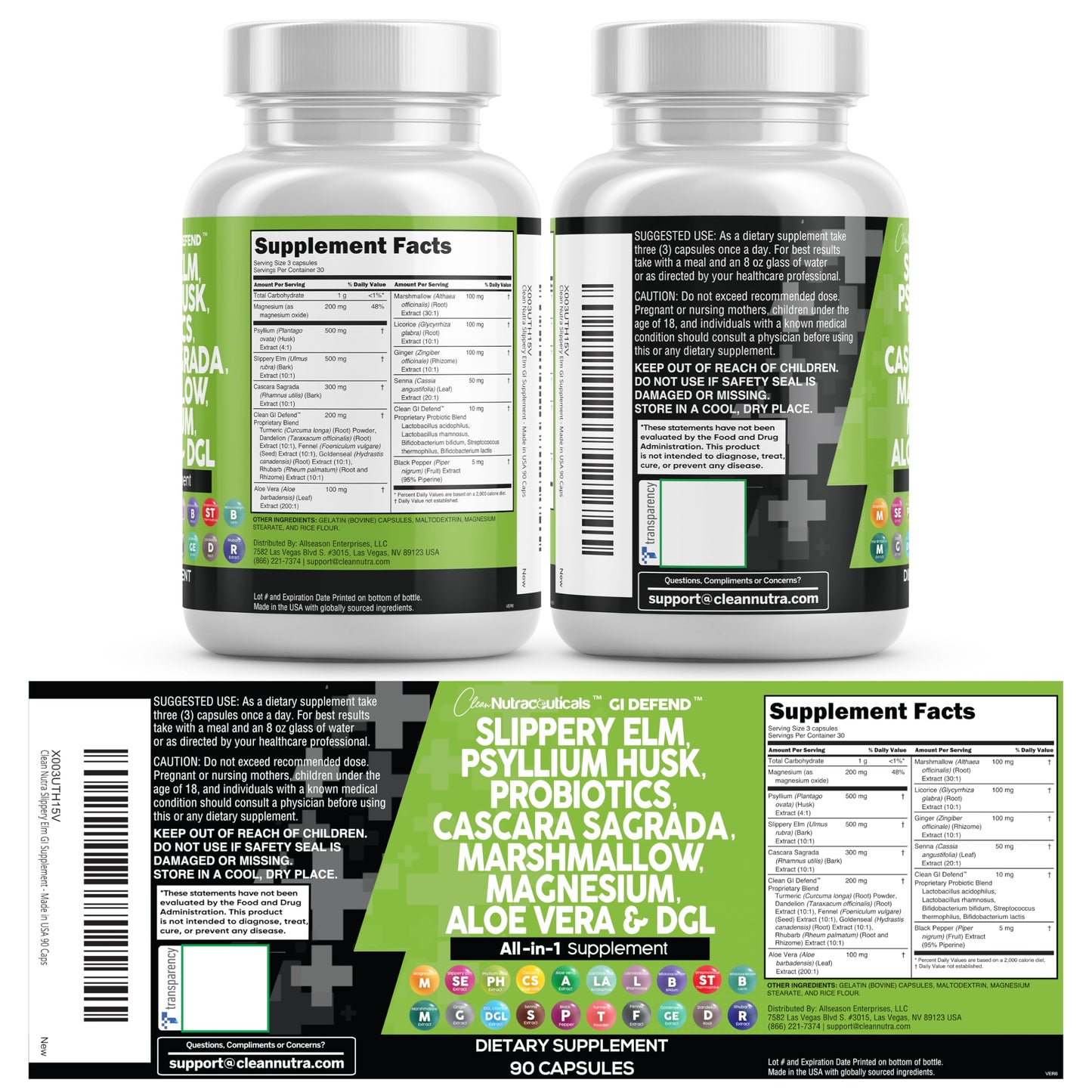 Clean Nutraceuticals Slippery Elm Psyllium Husk Pre Probiotic Digestive Gut Health Supplement with Aloe Vera Cascara Sagrada